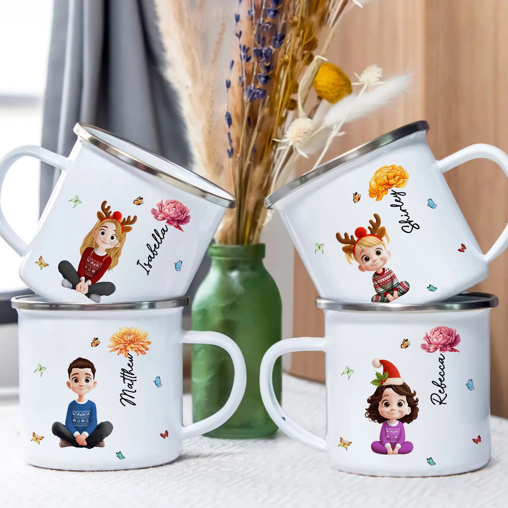 Cute Kid & Birth Flower - Personalized Enamel Mug - Image 4