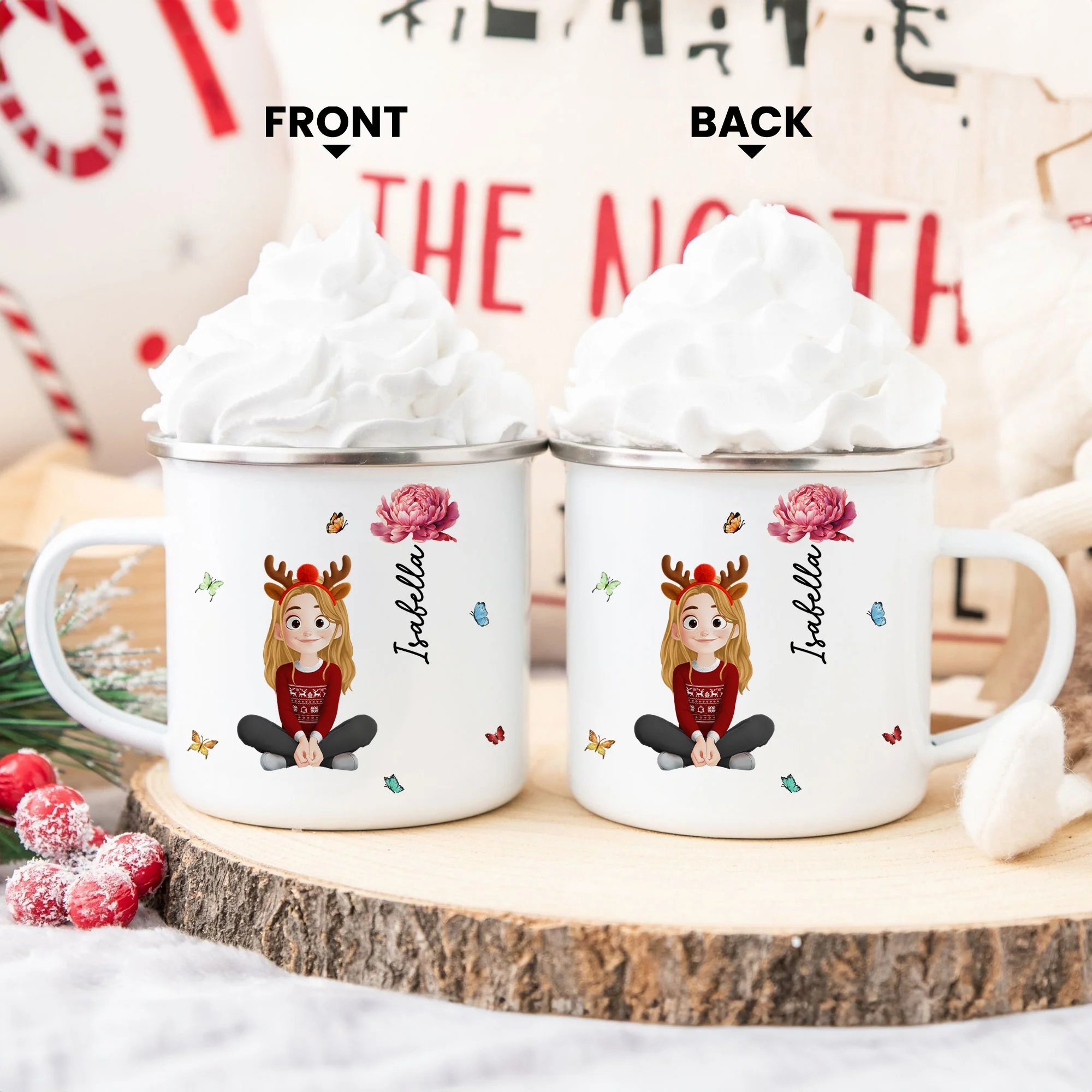 Cute Kid & Birth Flower - Personalized Enamel Mug - Image 5