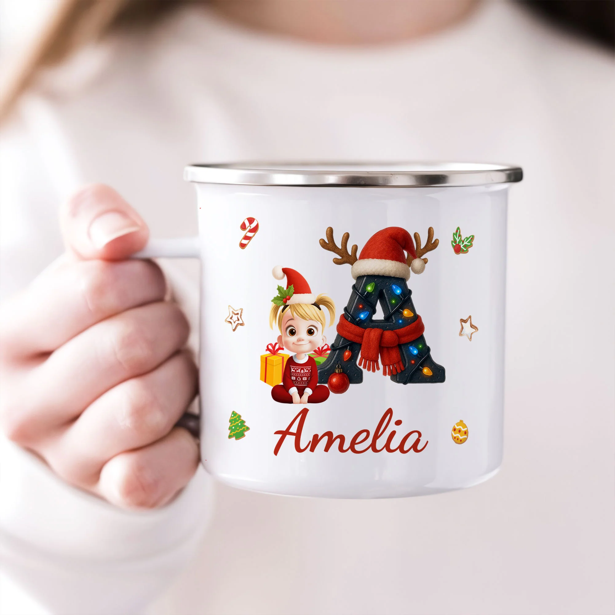 Cute Kid Name Christmas Alphabet - Personalized Enamel Mug - Image 3