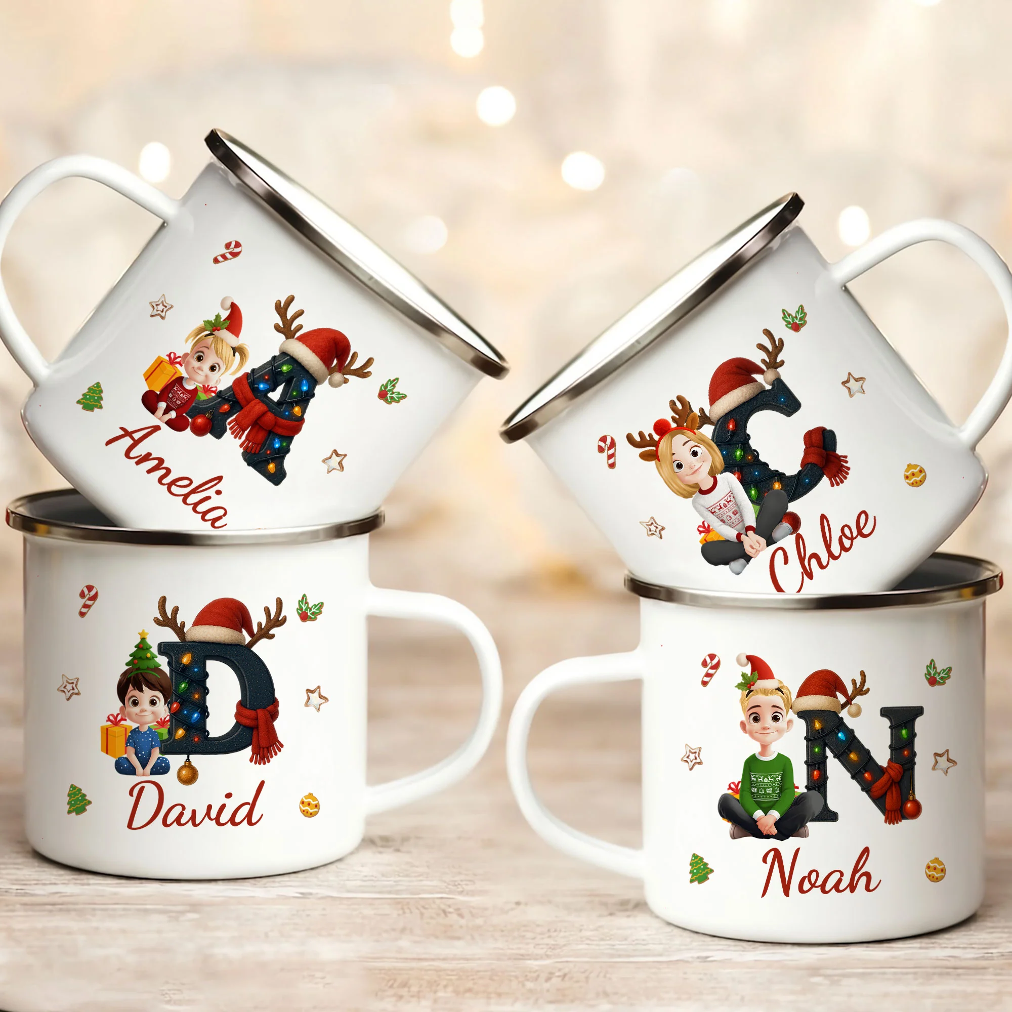 Cute Kid Name Christmas Alphabet - Personalized Enamel Mug - Image 4