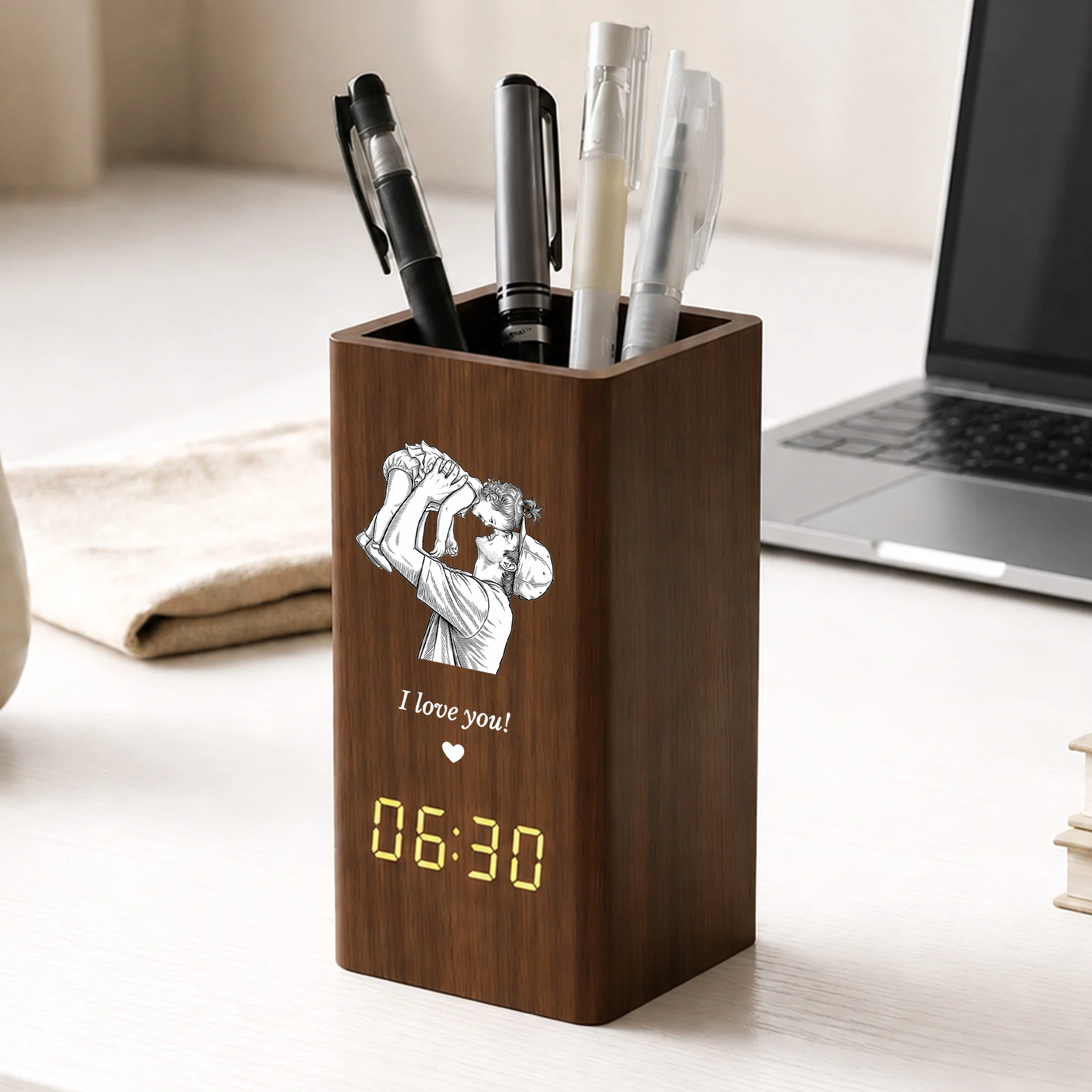 Dad Custom Photo Sketch Line Art Father's Day Gift For Him - Personalized Pen Holder With Clock - Image 2