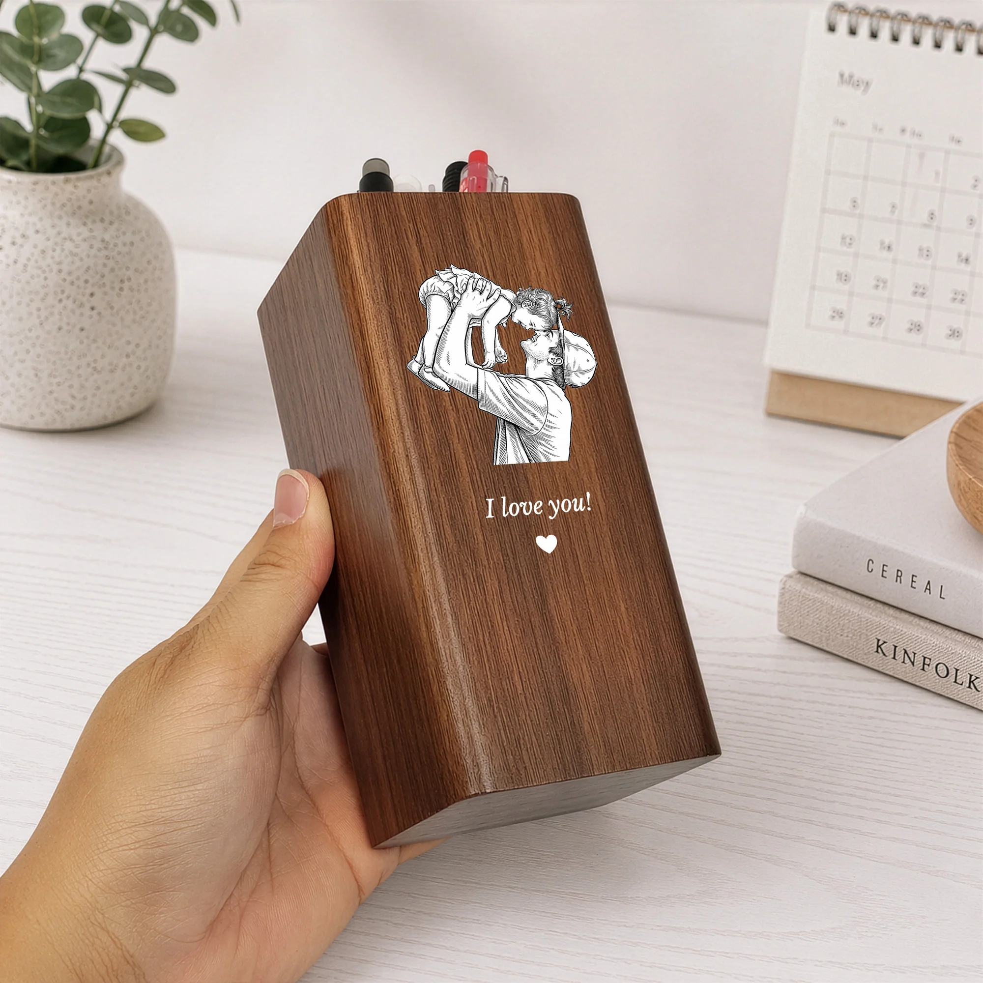 Dad Custom Photo Sketch Line Art Father's Day Gift For Him - Personalized Pen Holder With Clock - Image 5