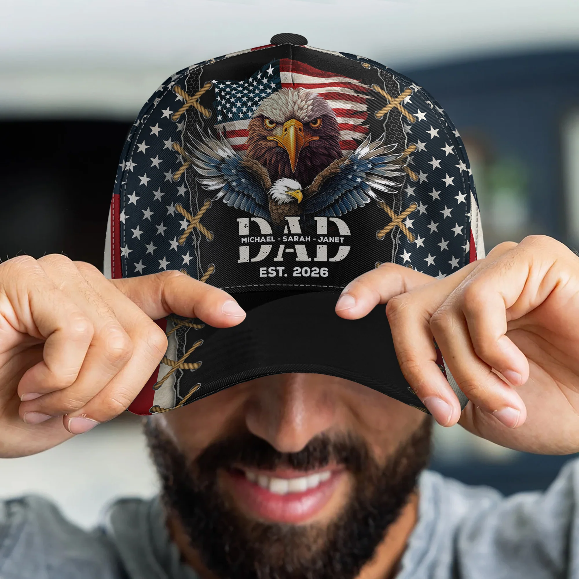 Dad Est American Flag Rustic With Kids' Names - Personalized Classic Cap - Image 4