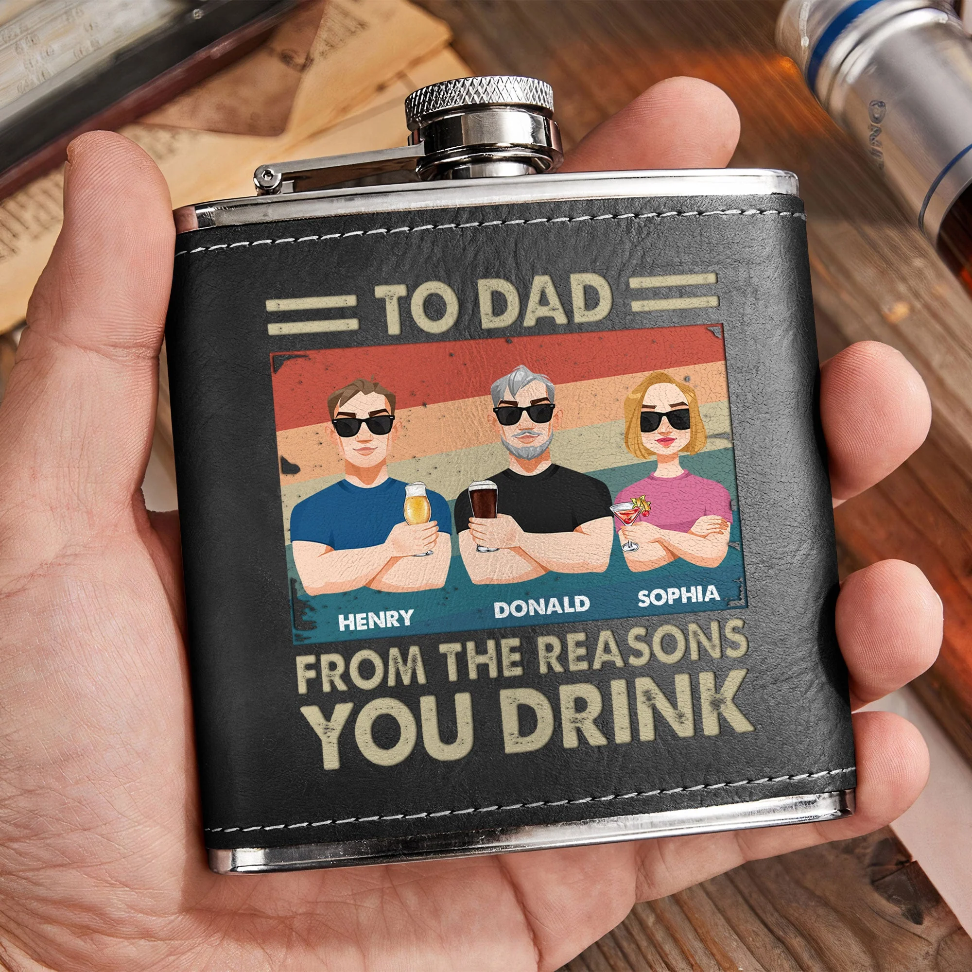 Dad, From The Reasons You Drink - Personalized Leather Flask - Image 4