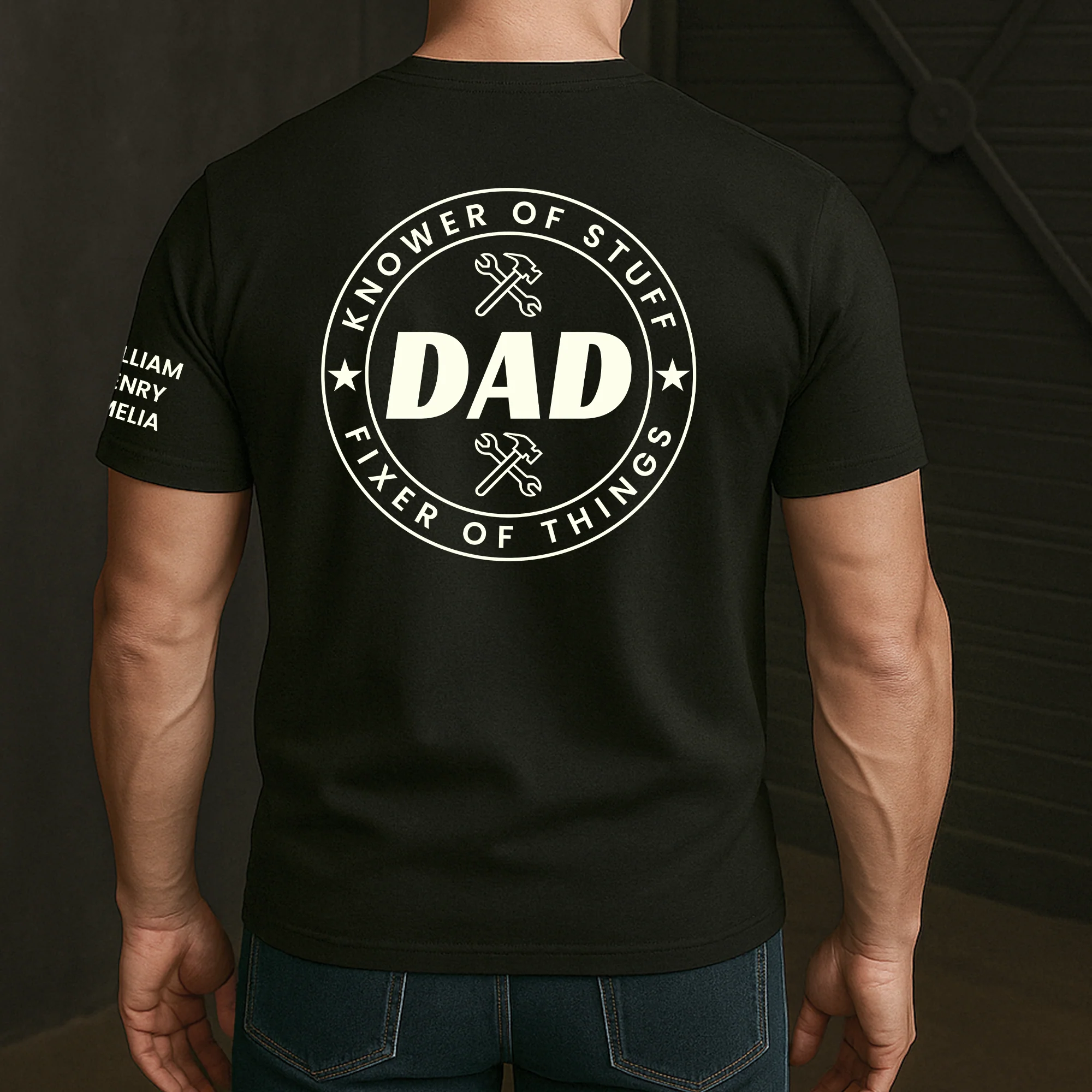 Dad, Papa Knower Of Stuff, Fixer Of Things - With Kids' Names On Sleeves - Personalized Shirt - Image 2