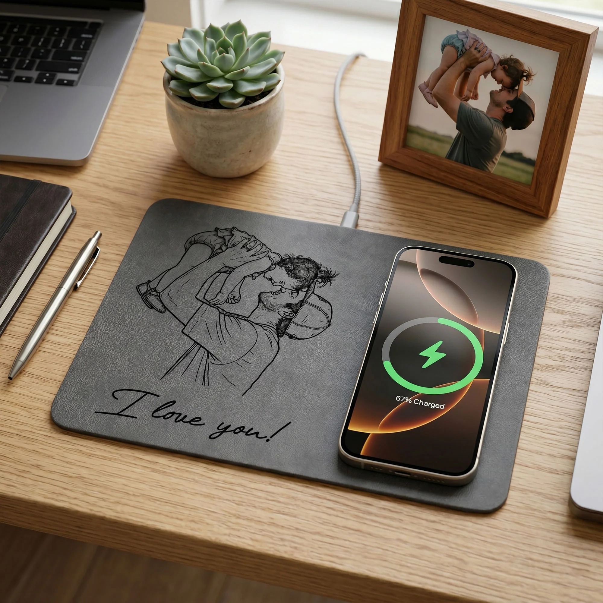 Dad Sketch Line Art Custom Photo Father's Day Gift For Dad, Husband - Personalized Charging Pad - Image 2