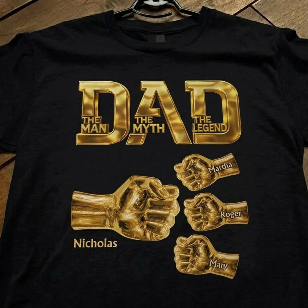 Dad The Man The Myth The Legend - Gold Fist Bumps With Kids Names - Personalized Shirt - Image 3