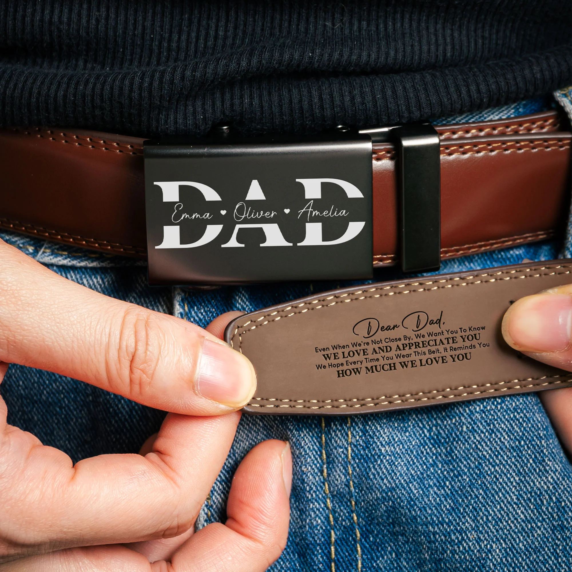 Dad With Kids' Names - Personalized Leather Belt With Engraved Buckle - Image 3
