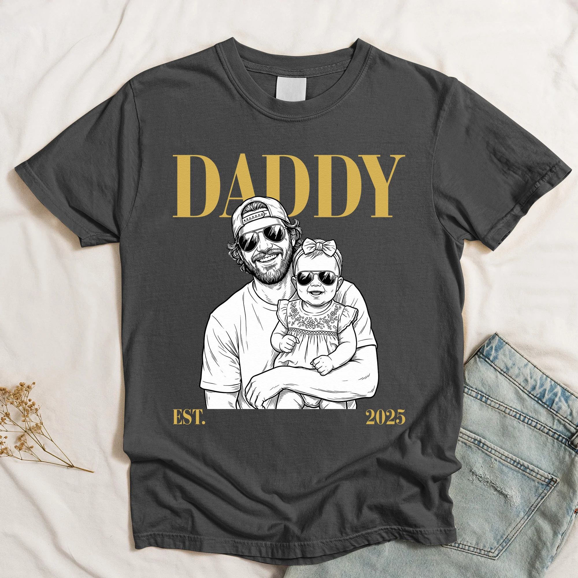 Daddy Est Custom Photo Sketch Line Art Father's Day Gift For Dad, Husband - Personalized Shirt - Image 5