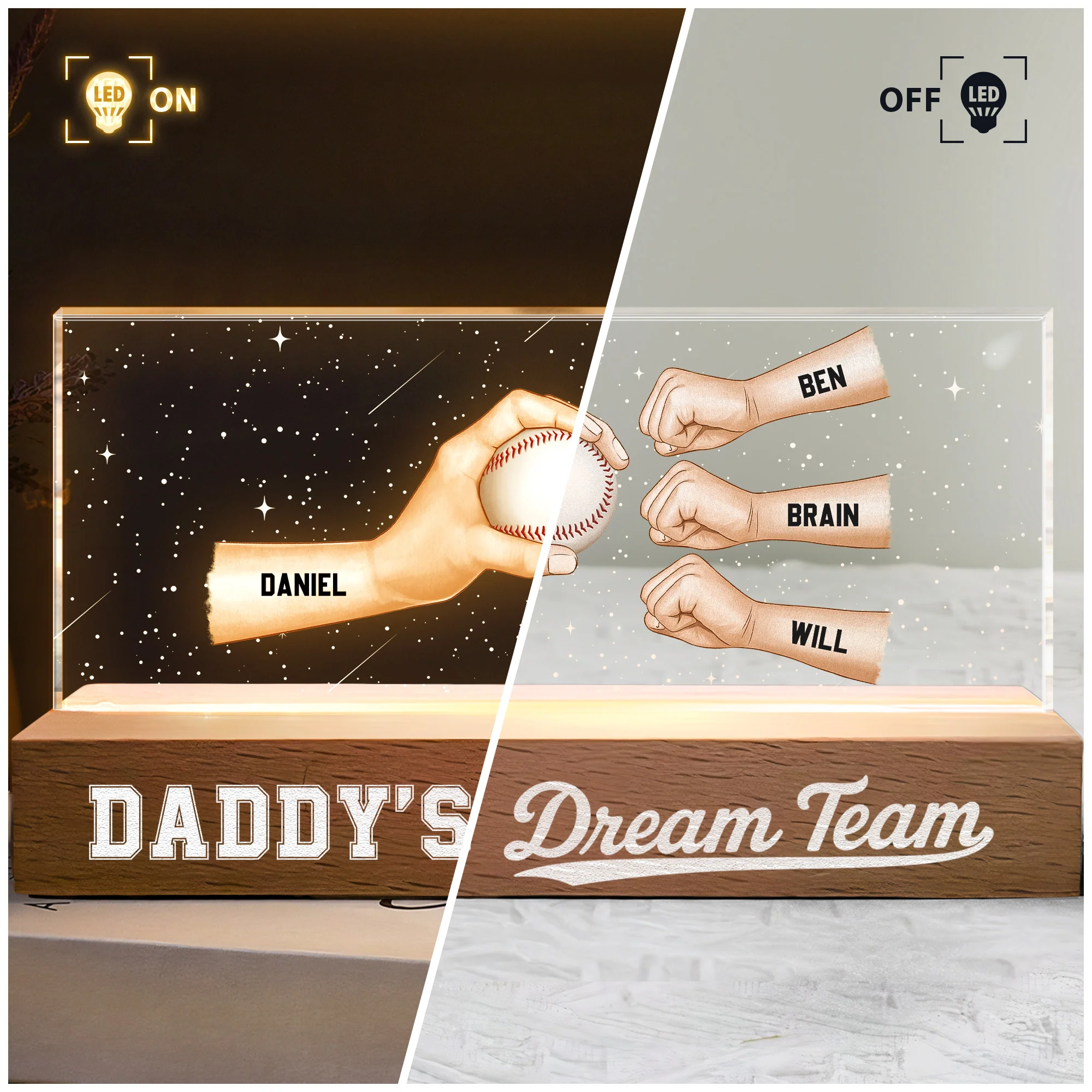 Daddy's Dream Team - Custom Sport Baseball, Soccer, Football - Personalized LED Night Light - Image 3