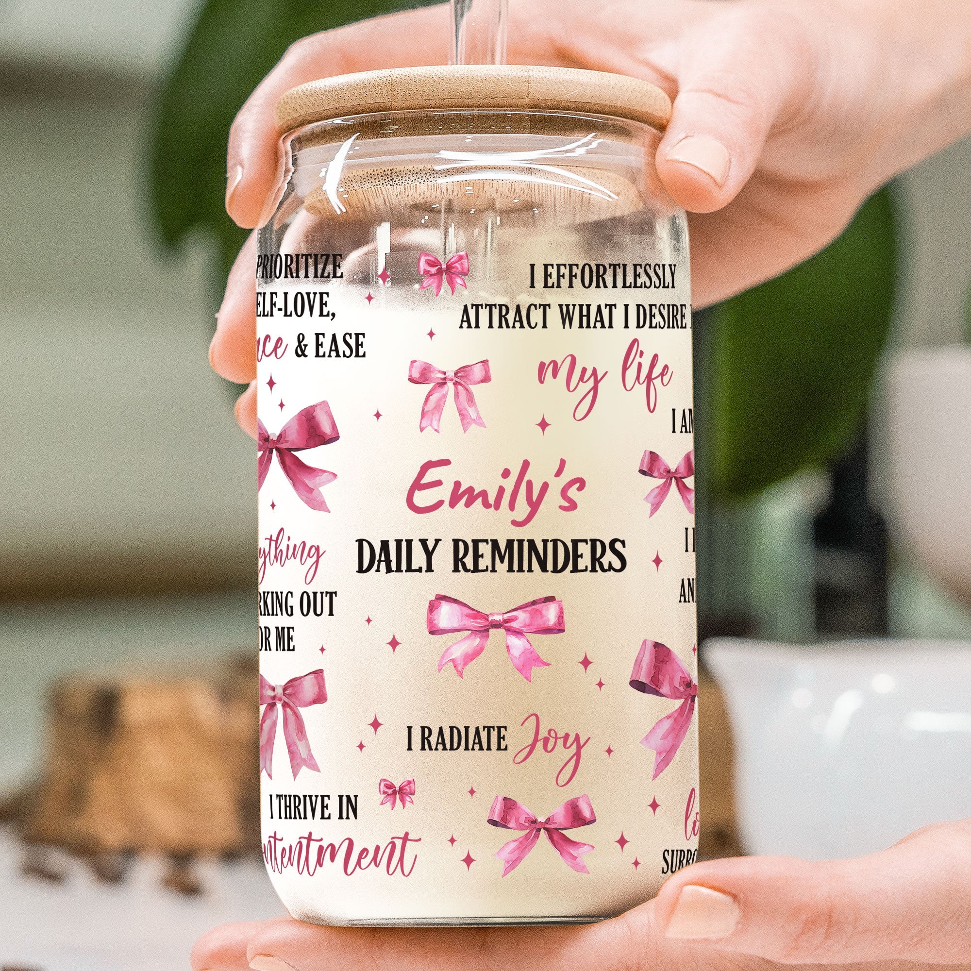 Daily Reminders Coquette Pink Bow For Daughter, Sister - Personalized Clear Glass Cup - Image 2