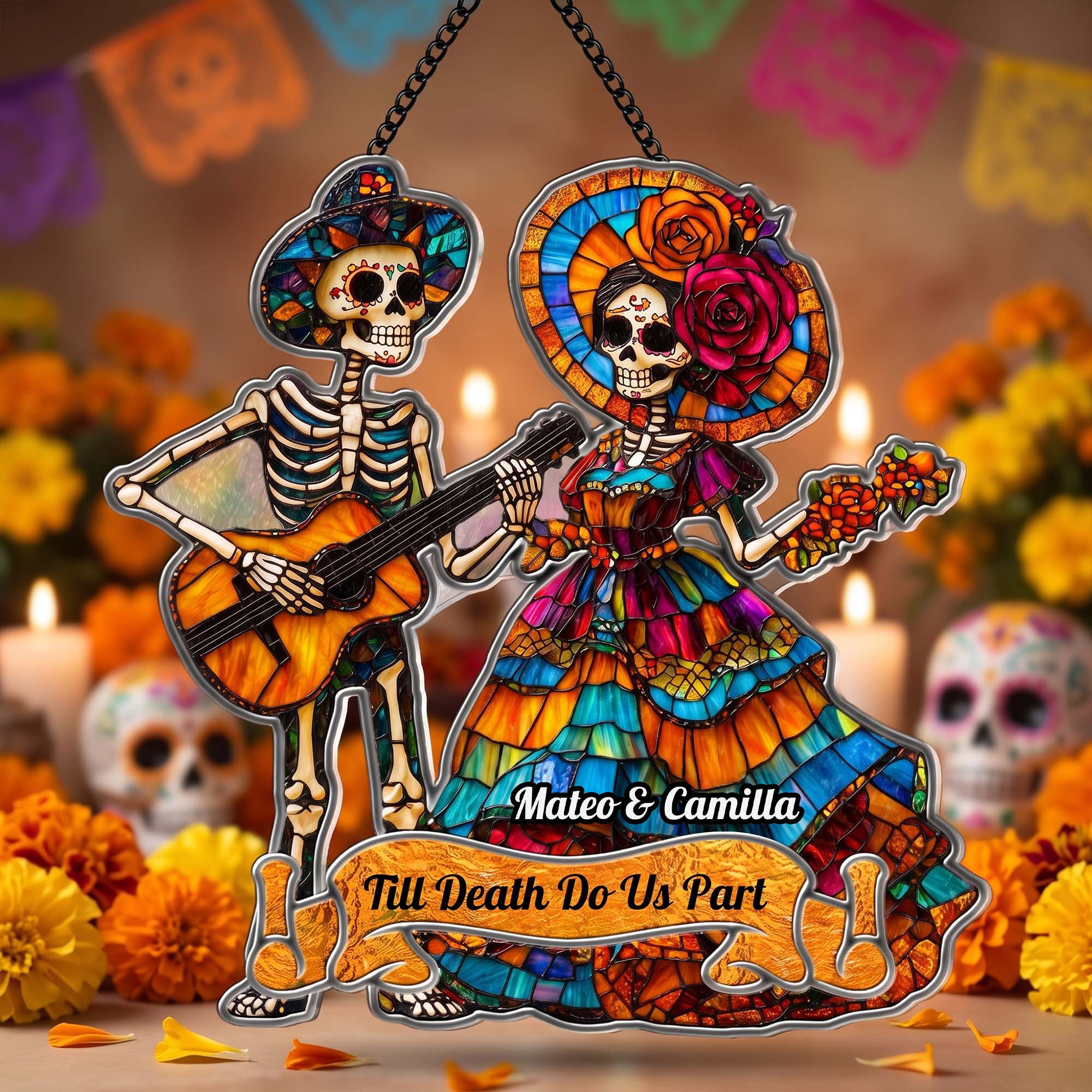 Day Of The Dead Festive La Catrina Couple - Personalized Window Hanging Suncatcher - Image 4