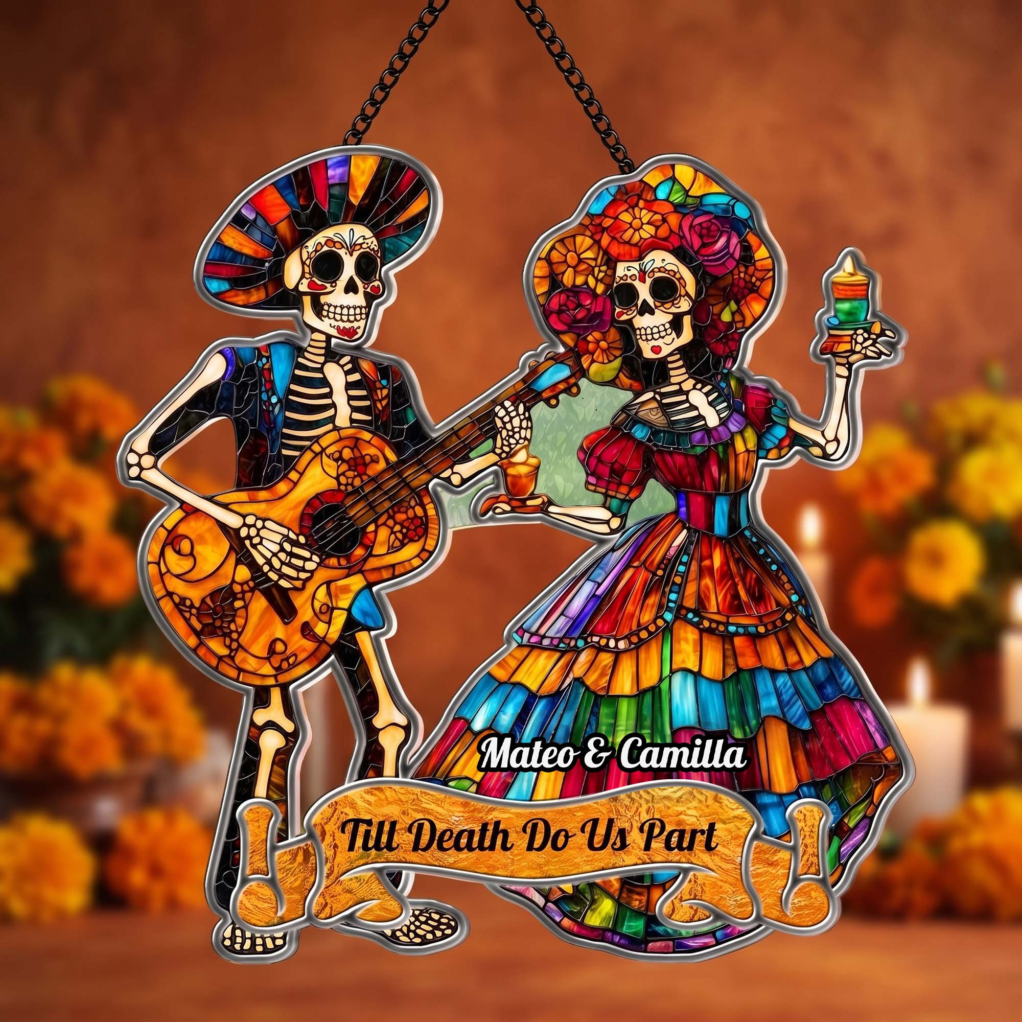 Day Of The Dead Festive La Catrina Couple - Personalized Window Hanging Suncatcher - Image 5