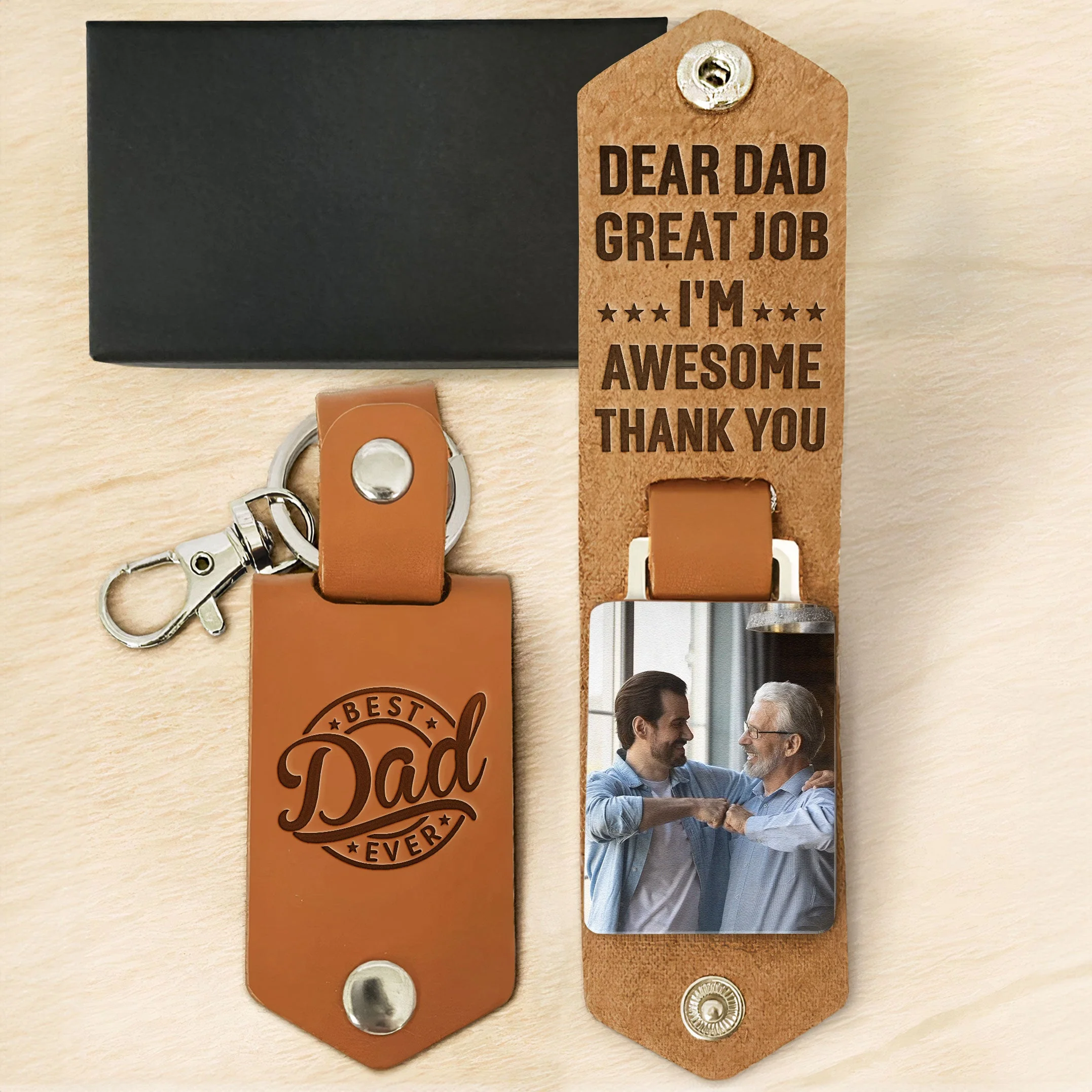 Dear Dad Great Job We're Awesome - Personalized Leather Photo Keychain - Image 5