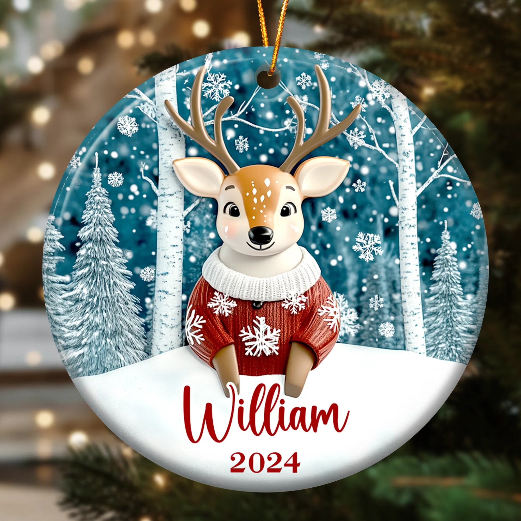 Deer Ornaments Christmas Decoration - Flat Ornament - Personalized Ceramic Ornament - Image 4