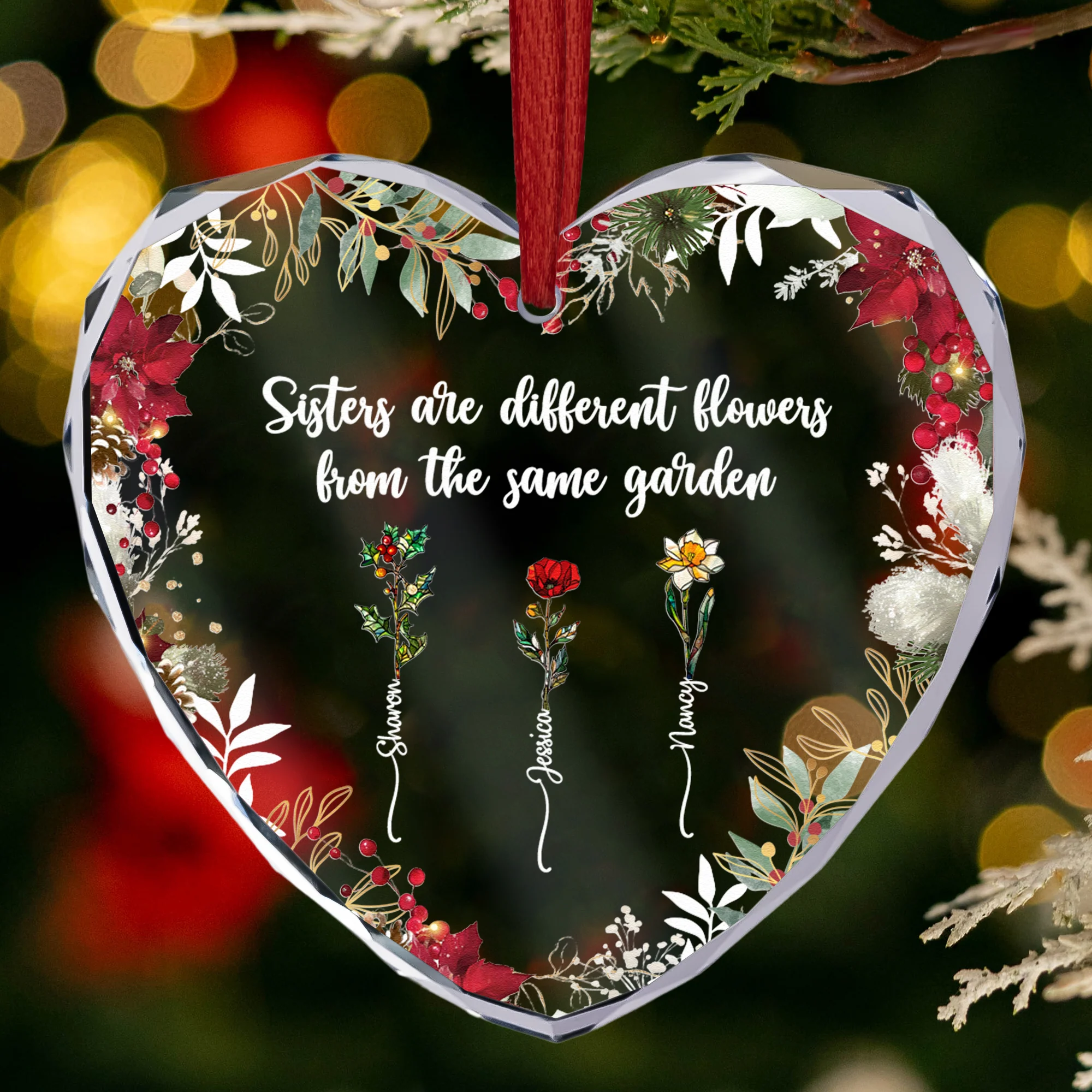 Different Flowers From Same Garden - Personalized Heart Glass Ornament