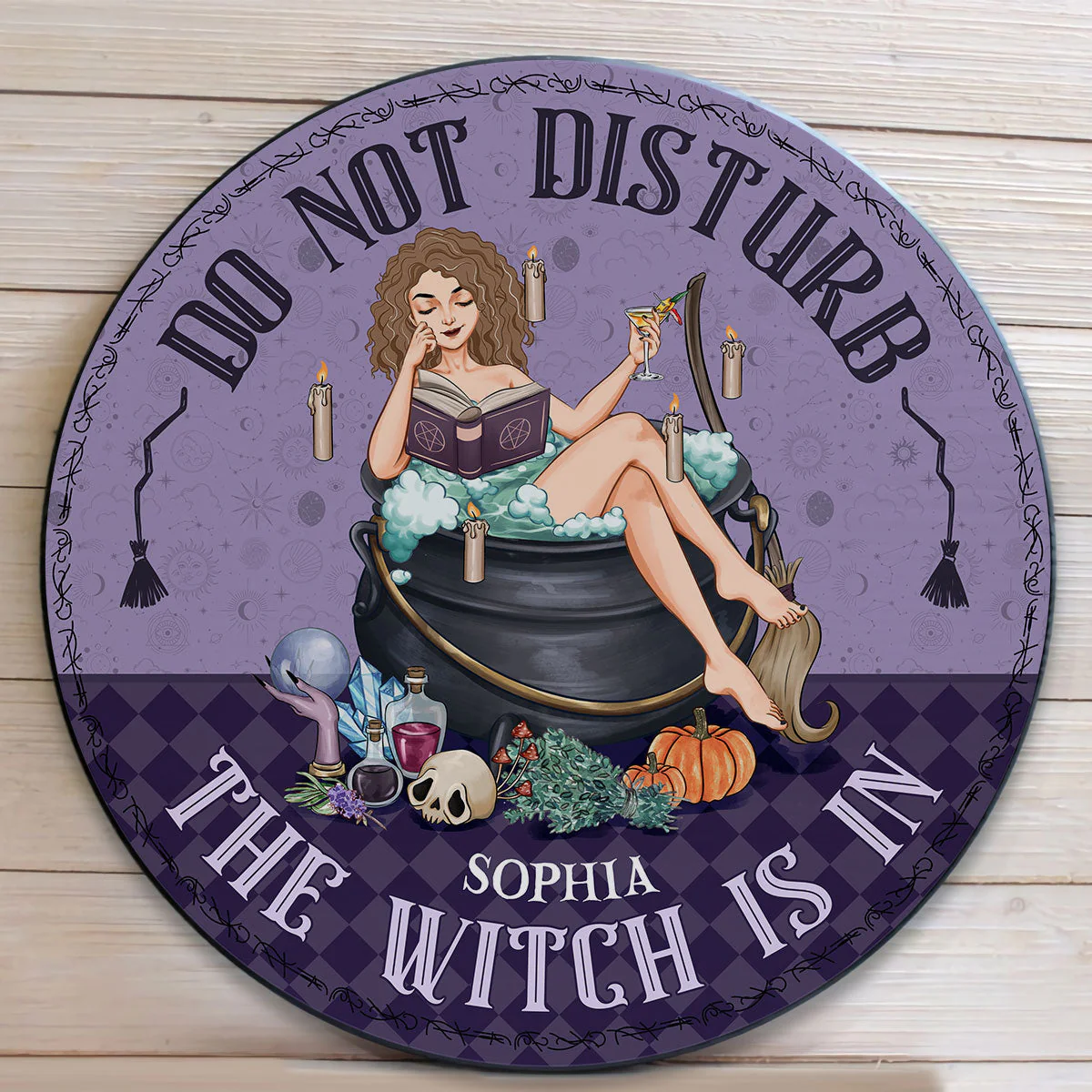 Do Not Disturb The Witch Is In - Personalized Round Wood Sign - Image 2