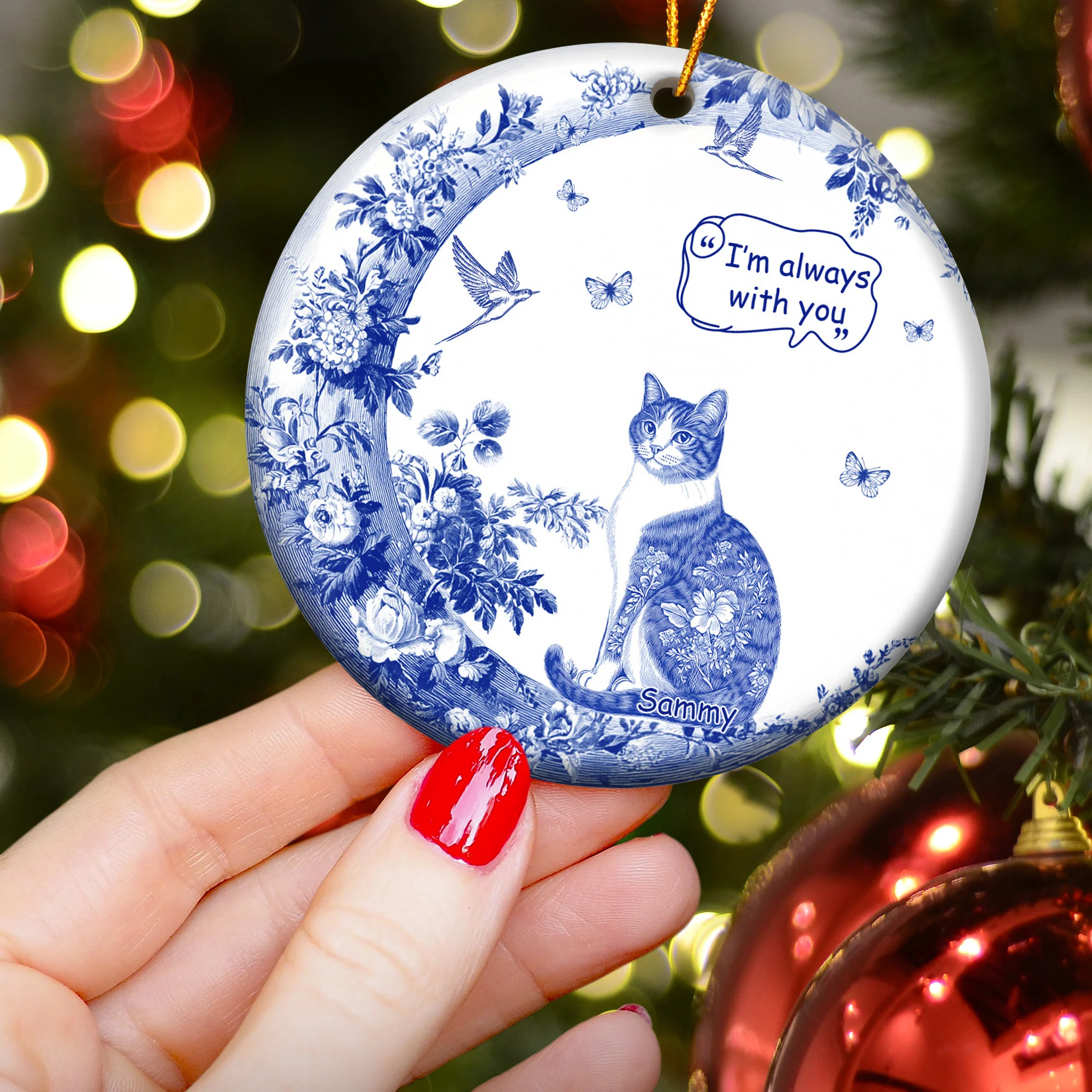 Dog Cat Pet I'm Always With You Toile De Jouy - Personalized Ceramic Ornament - Image 3