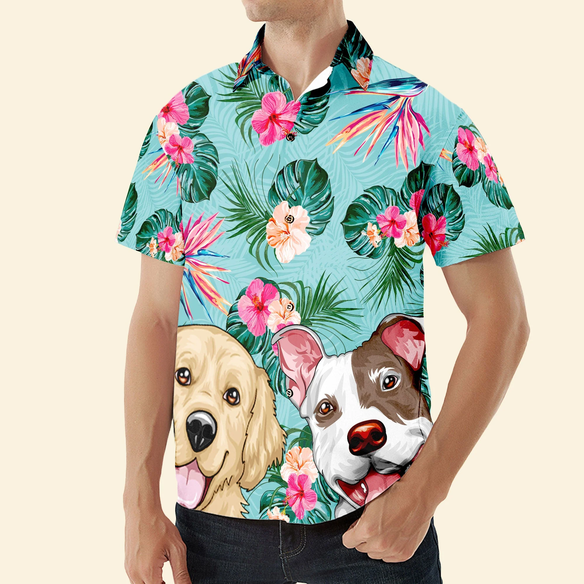 Dog Cat Pet Lovers Tropical Flower Leaf Summer Paradise - Personalized Hawaiian Shirt - Image 2