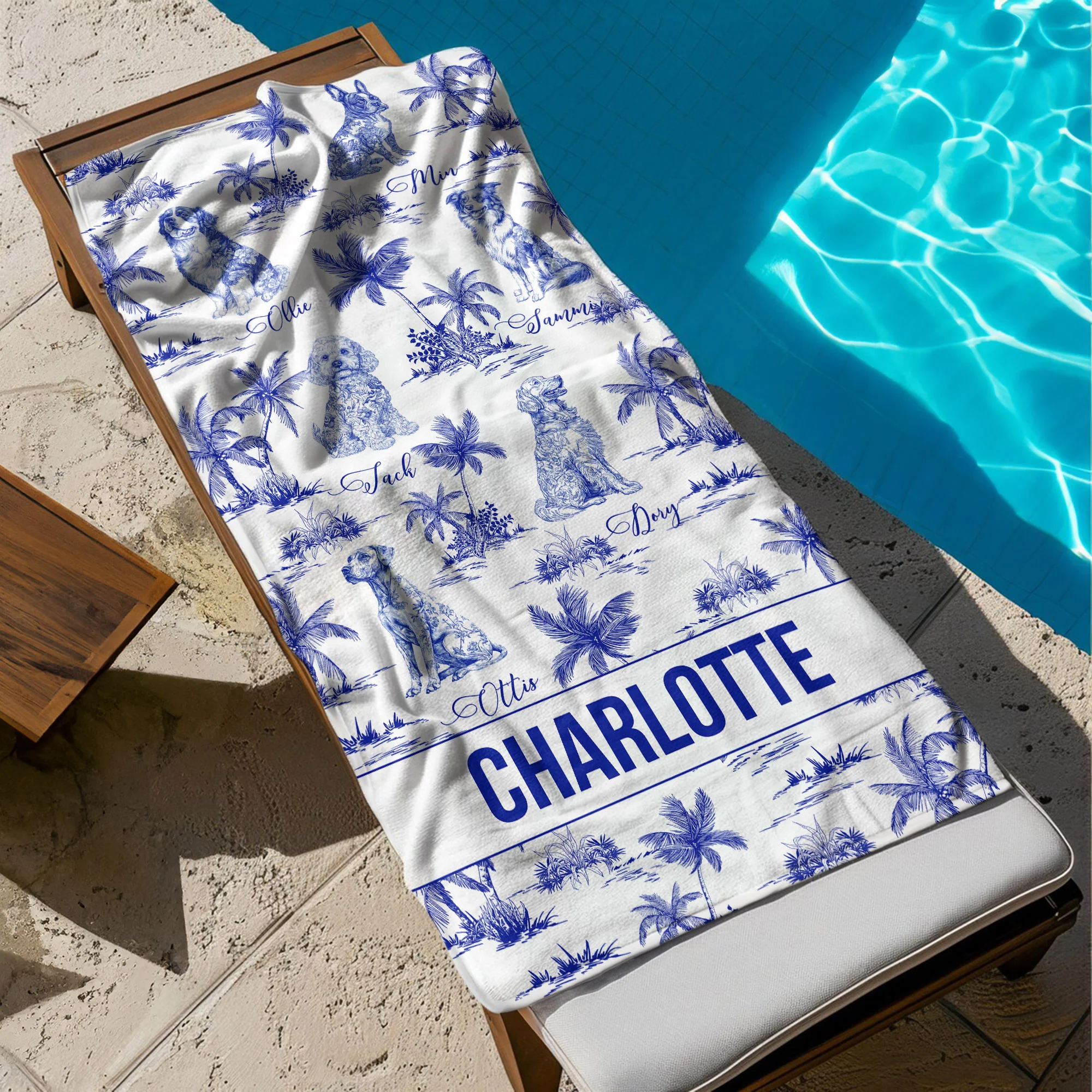 Dog Floral Toile De Jouy Chinoiserie French - Personalized Quick-Dry Beach Towel - Image 4