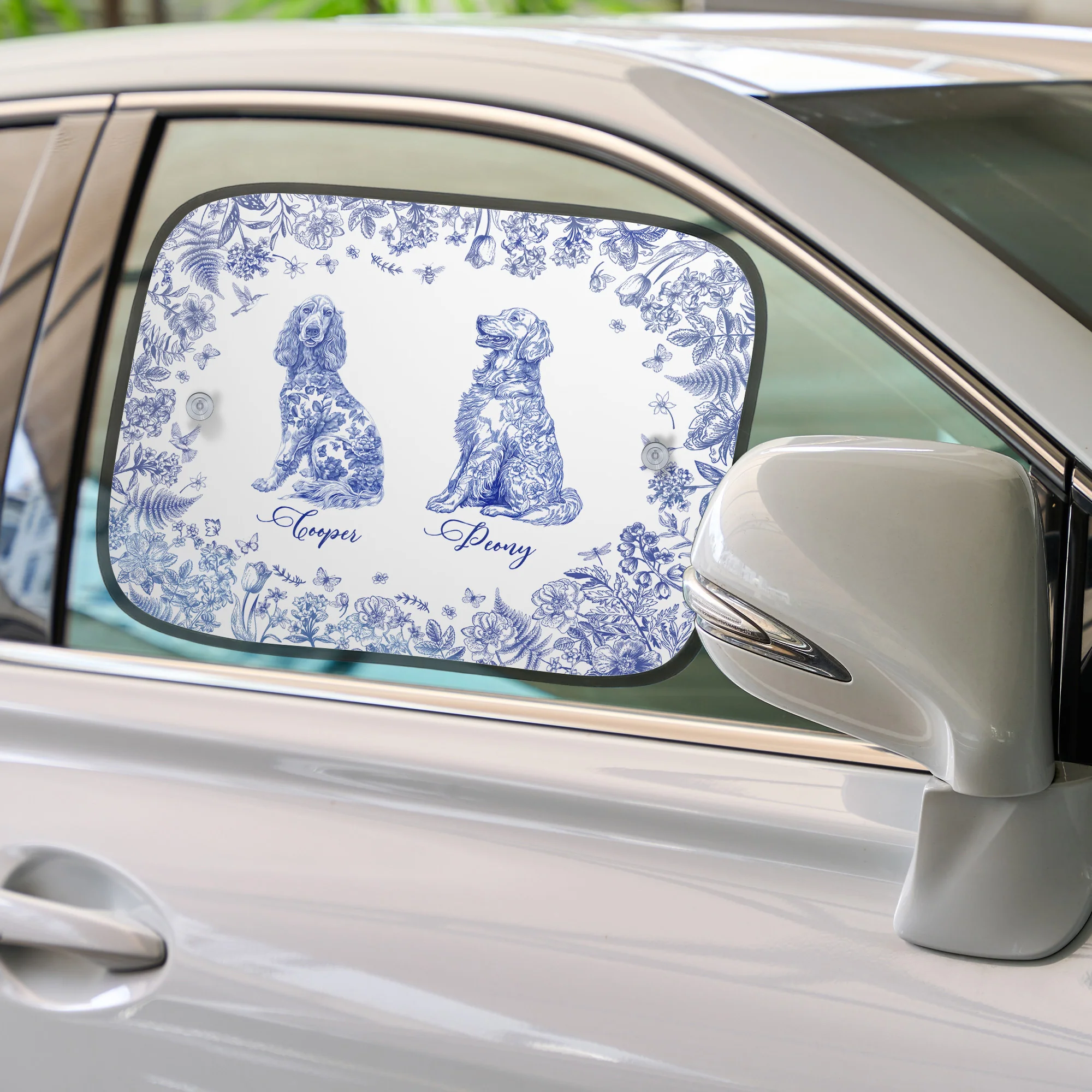 Dog Floral Toile De Jouy Style - Custom Car Side Window Sun Shade - Image 3