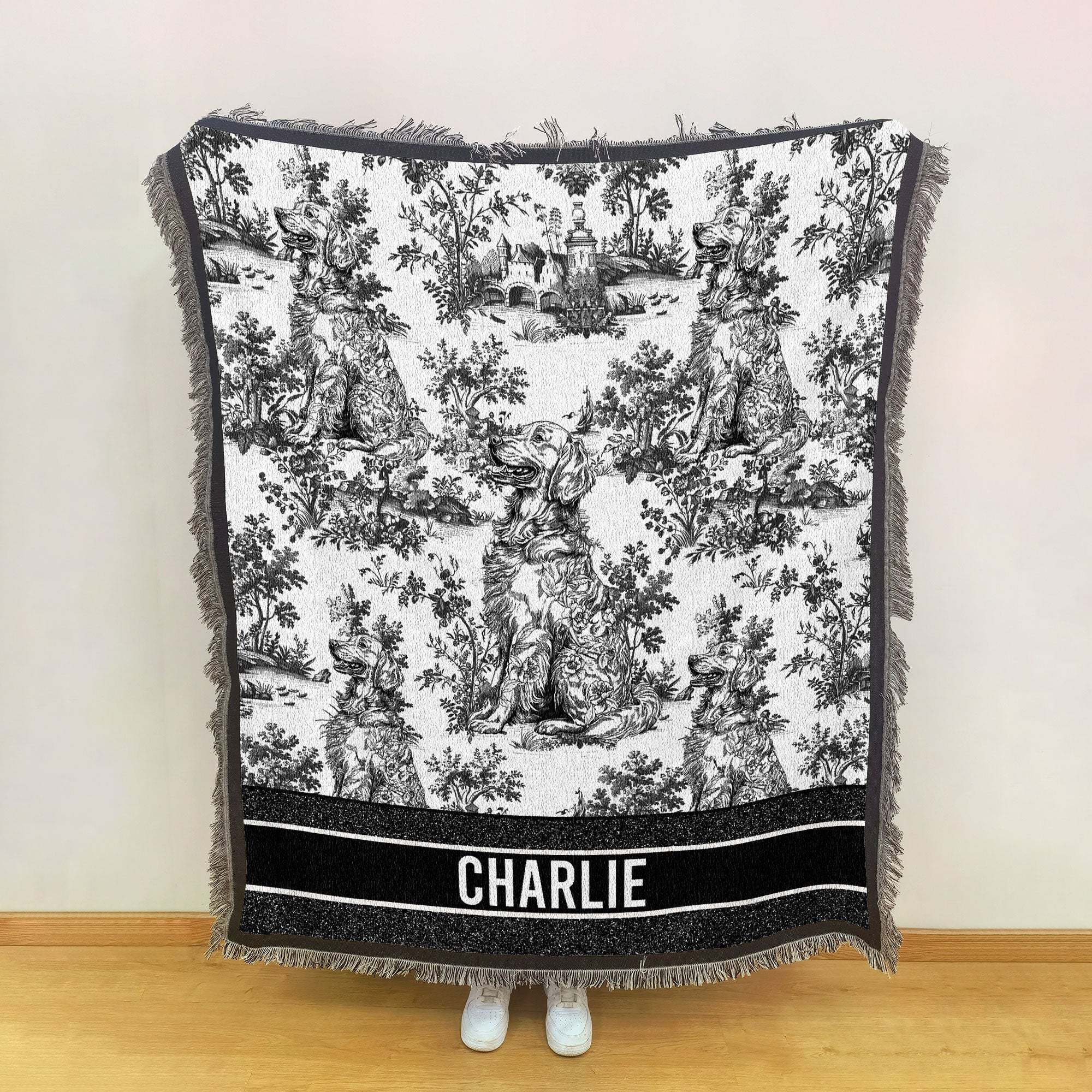 Dog Lover Custom Gift Toile De Jouy French Chinoiserie - Personalized Woven Blanket - Image 4
