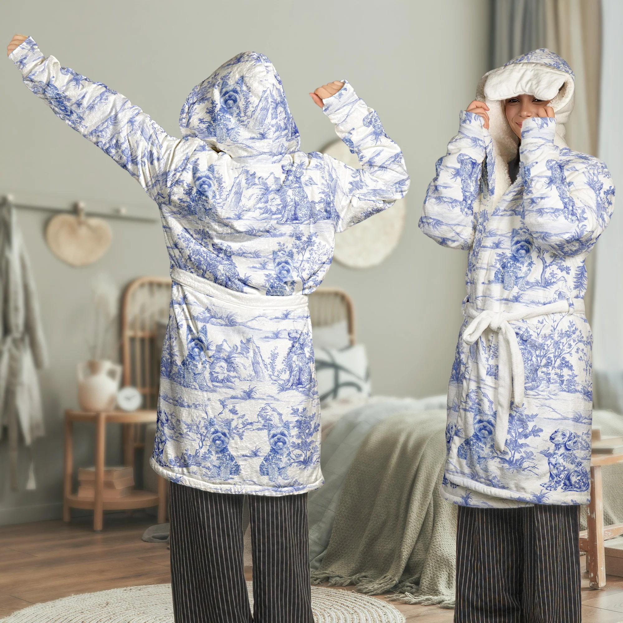 Dog Lover Gift Toile De Jouy Floral French Style Dog Mom - Personalized Hooded Robe - Image 2