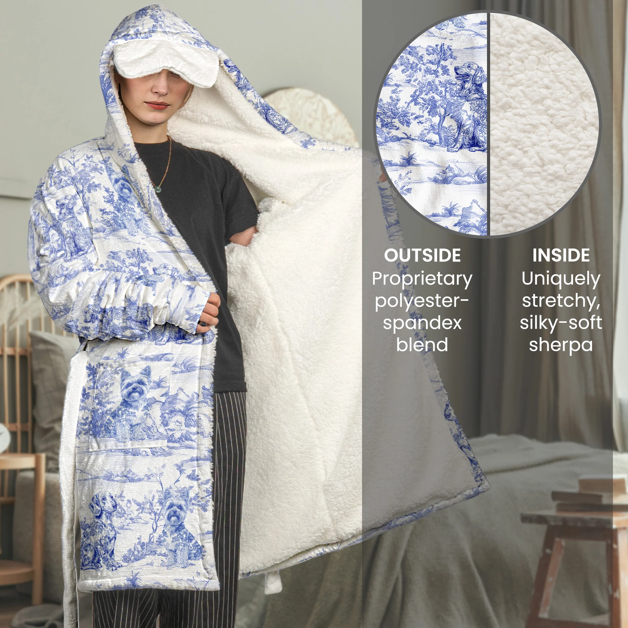 Dog Lover Gift Toile De Jouy Floral French Style Dog Mom - Personalized Hooded Robe - Image 3