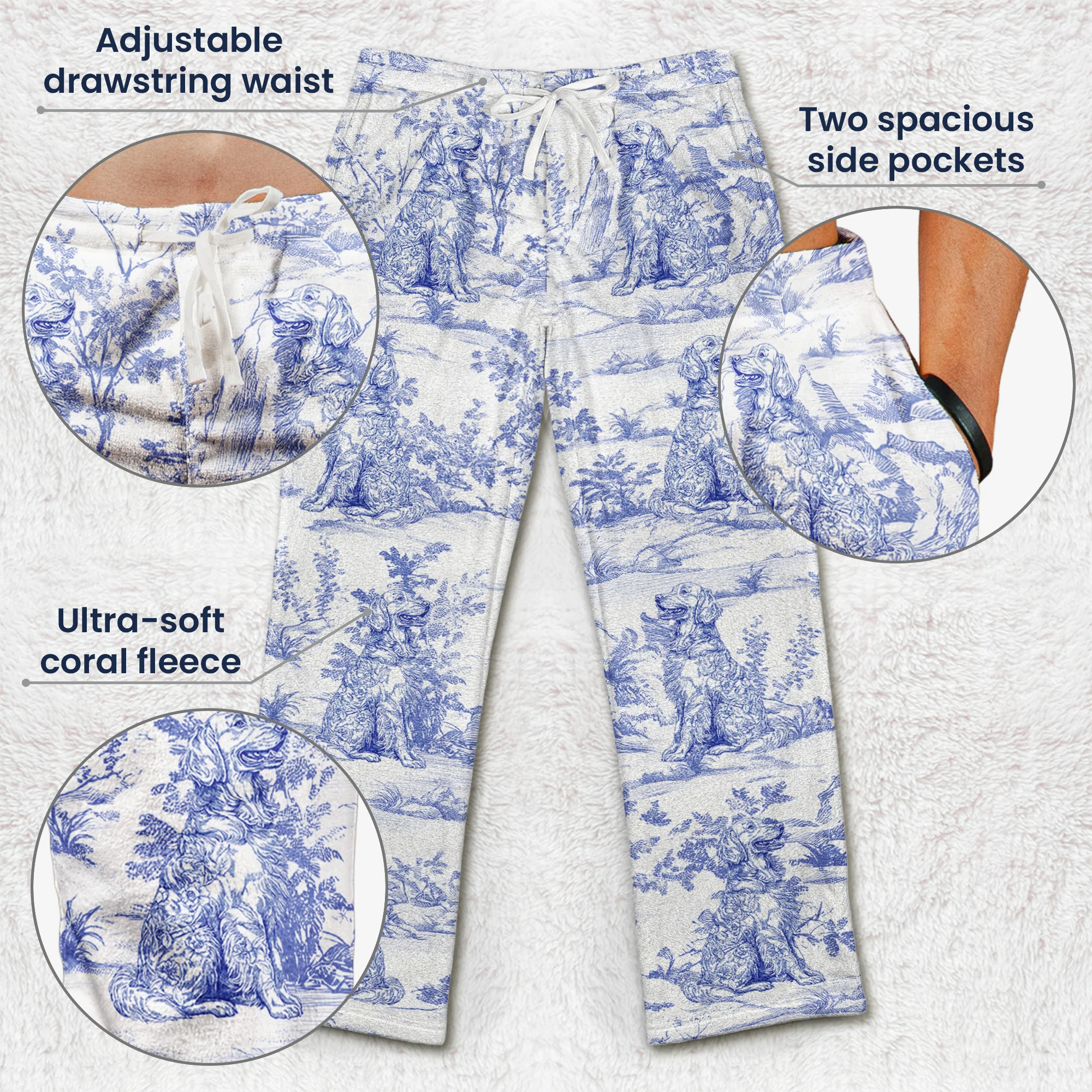 Dog Lover Gift Toile De Jouy Style - Personalized Fleece Pajama Pants - Image 5