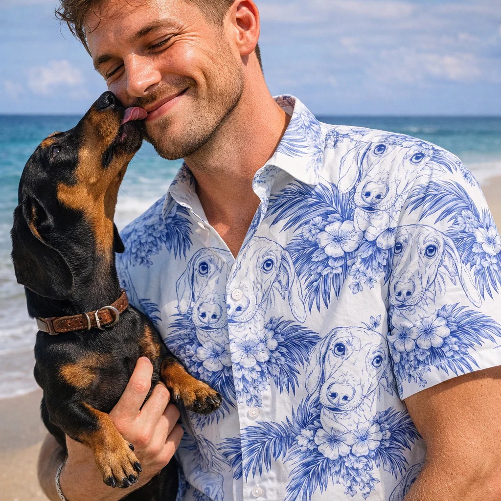 Dog Lovers Toile De Jouy Style Custom Photo - Personalized Hawaiian Shirt - Image 5