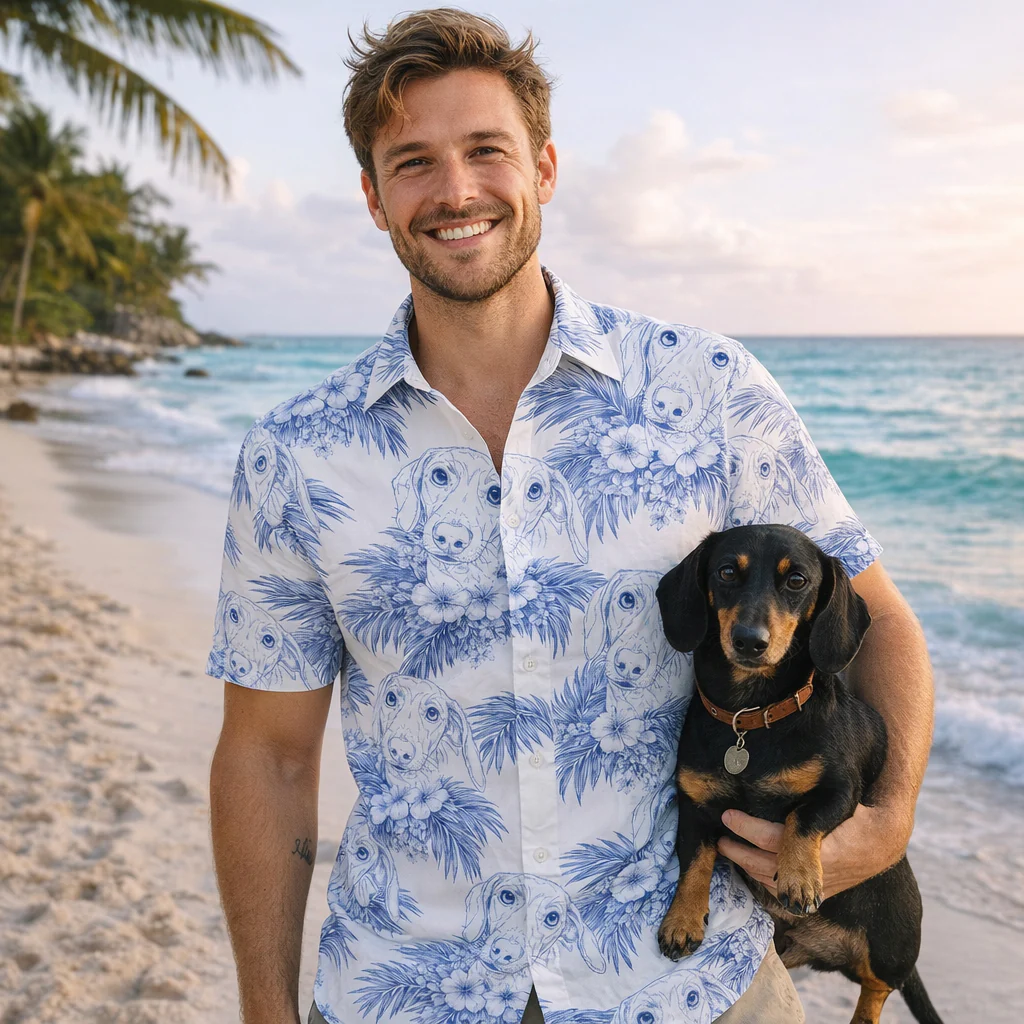 Dog Lovers Toile De Jouy Style Custom Photo - Personalized Hawaiian Shirt - Image 6