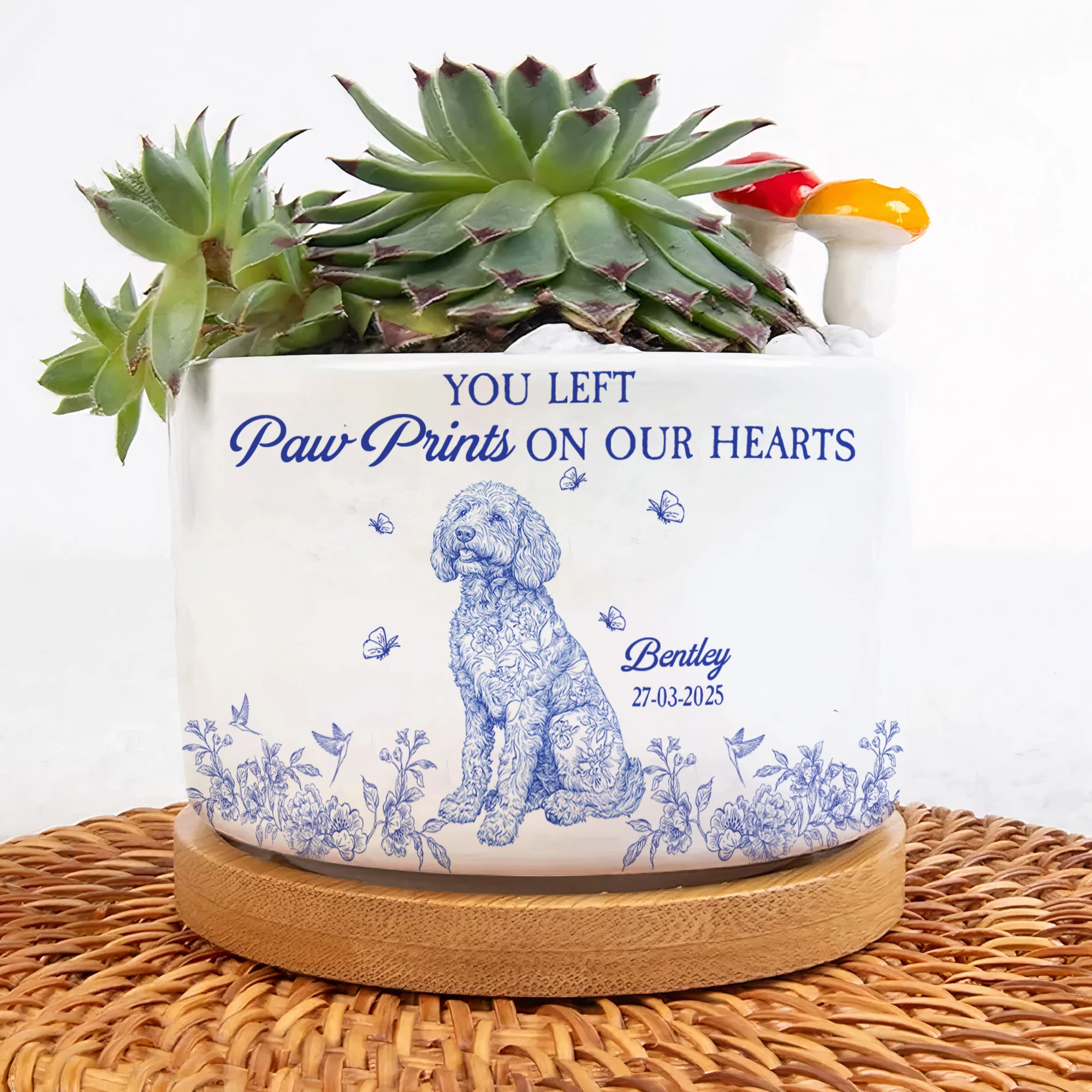 Dog Memorial Toile De Jouy Chinoiserie French Style - Personalized Ceramic Plant Pot With Tray - Image 4