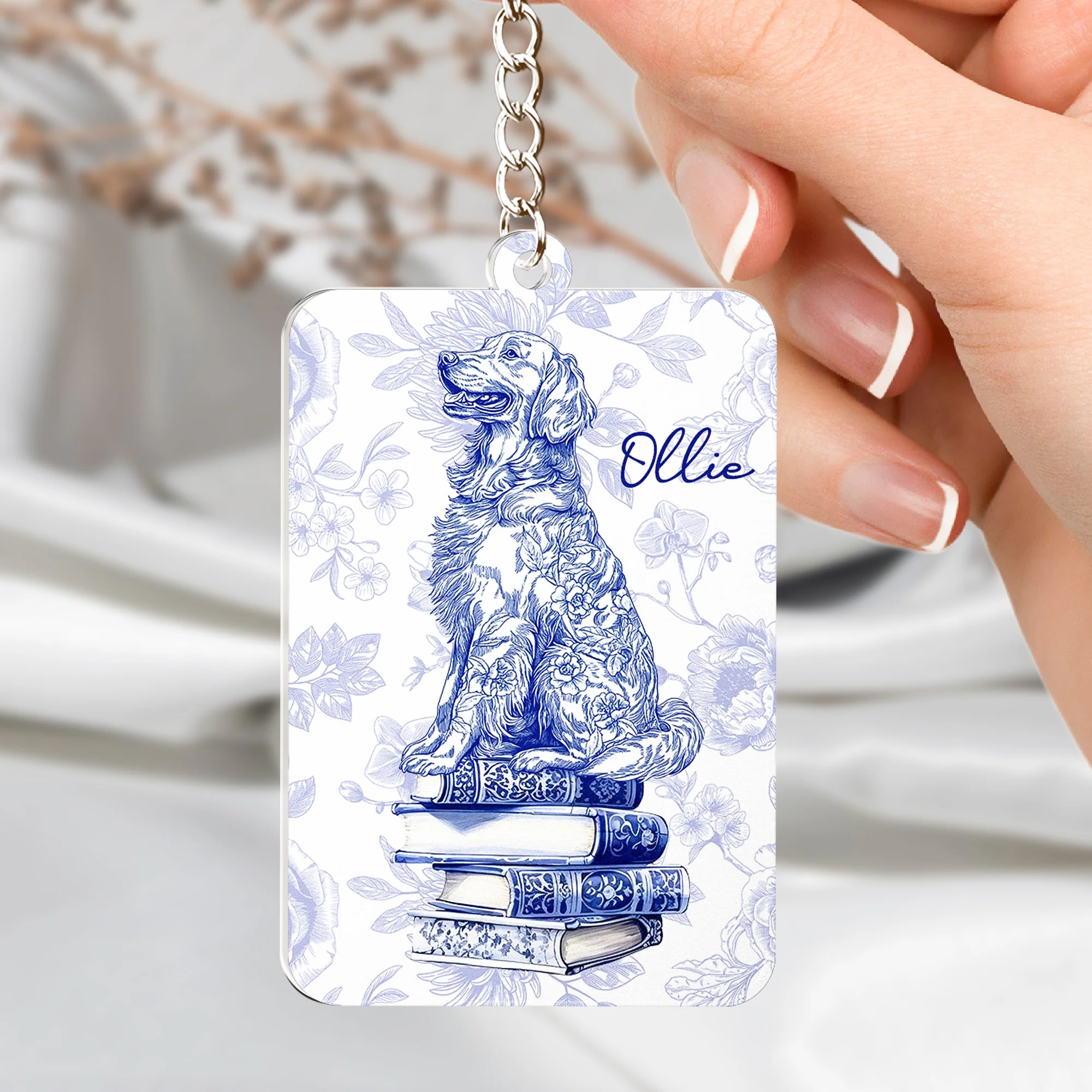 Dog Mom Book Lover Toile De Jouy - Personalized Acrylic Bookmark And Keychain Set - Image 4