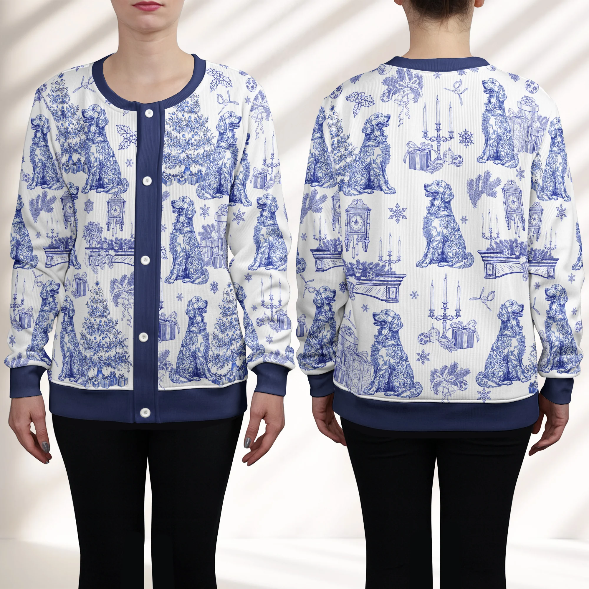 Dog Mom Toile De Jouy Christmas Themed - Personalized Crewneck Cardigan - Image 2