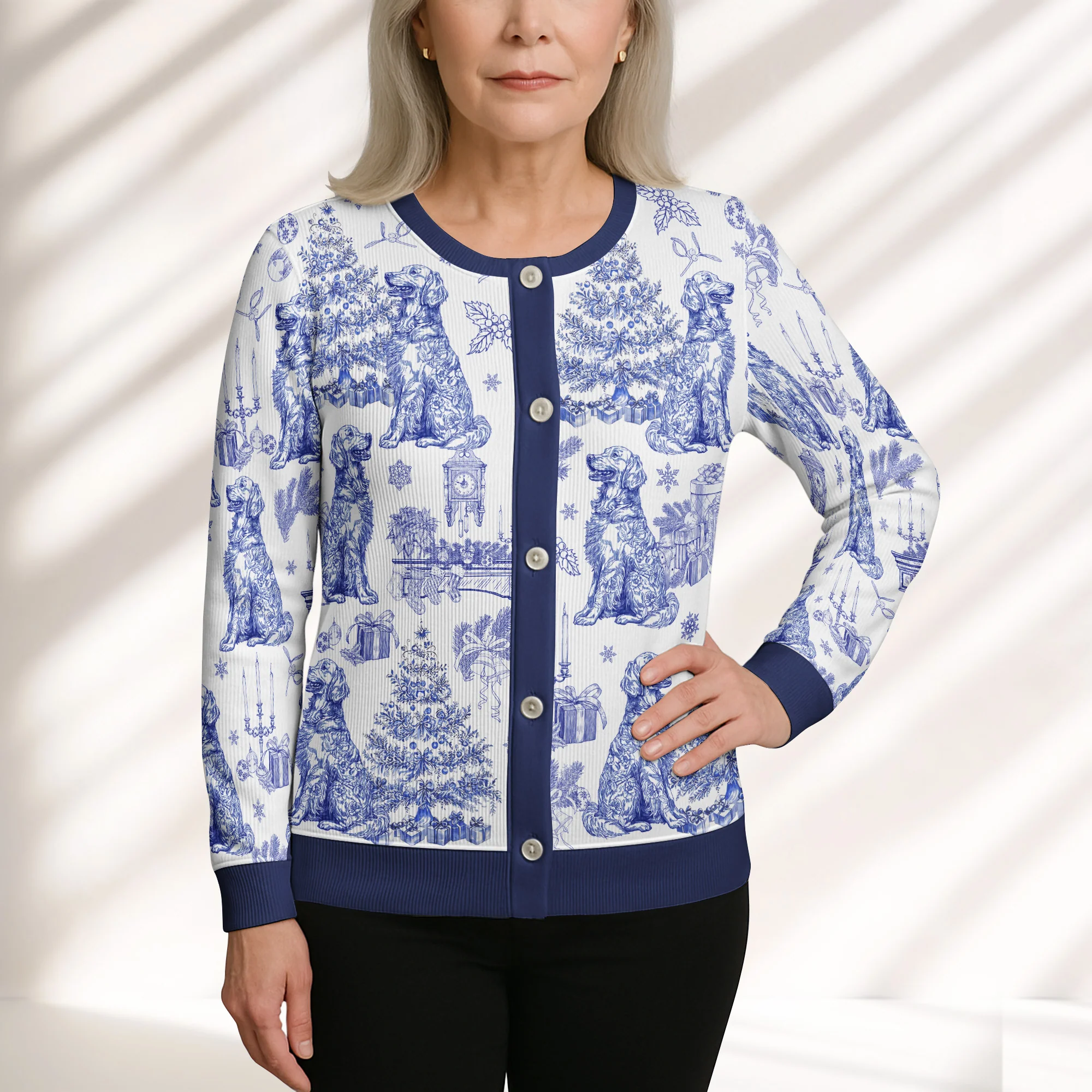 Dog Mom Toile De Jouy Christmas Themed - Personalized Crewneck Cardigan - Image 5