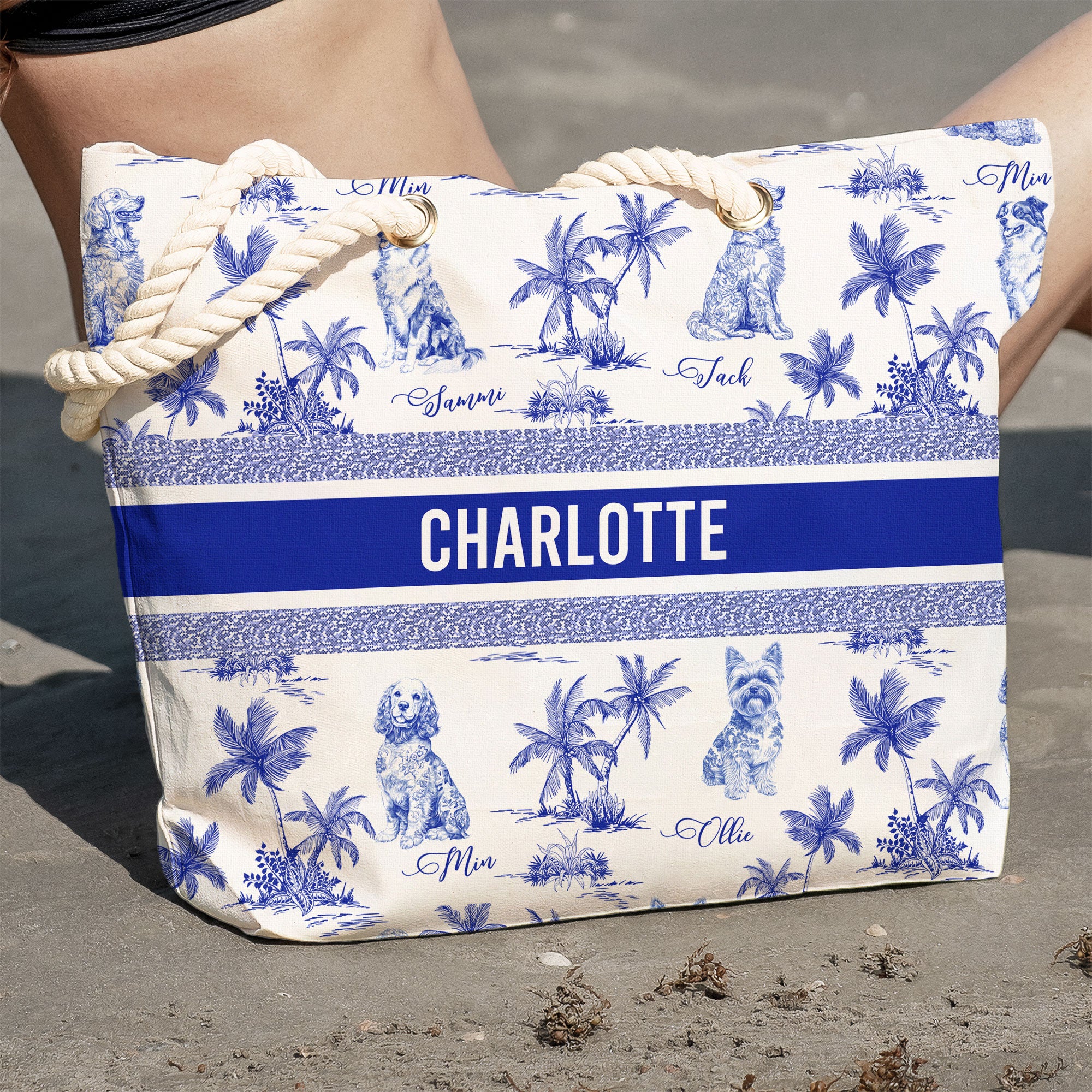Dog Mom Toile De Jouy Summer French Style - Personalized Beach Bag - Image 3