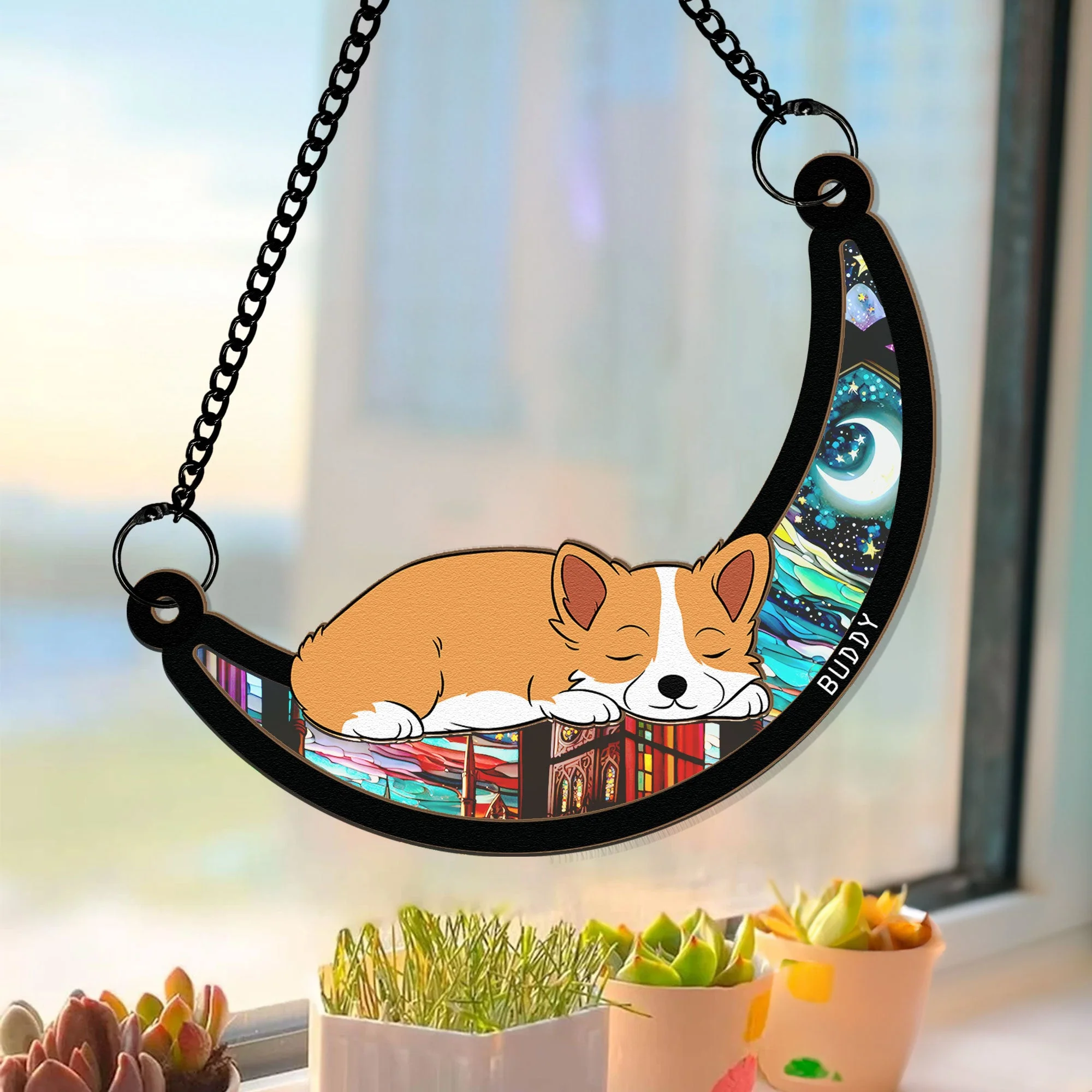 Dog Sleeping On The Moon - Personalized Window Hanging Suncatcher Ornament - Image 3