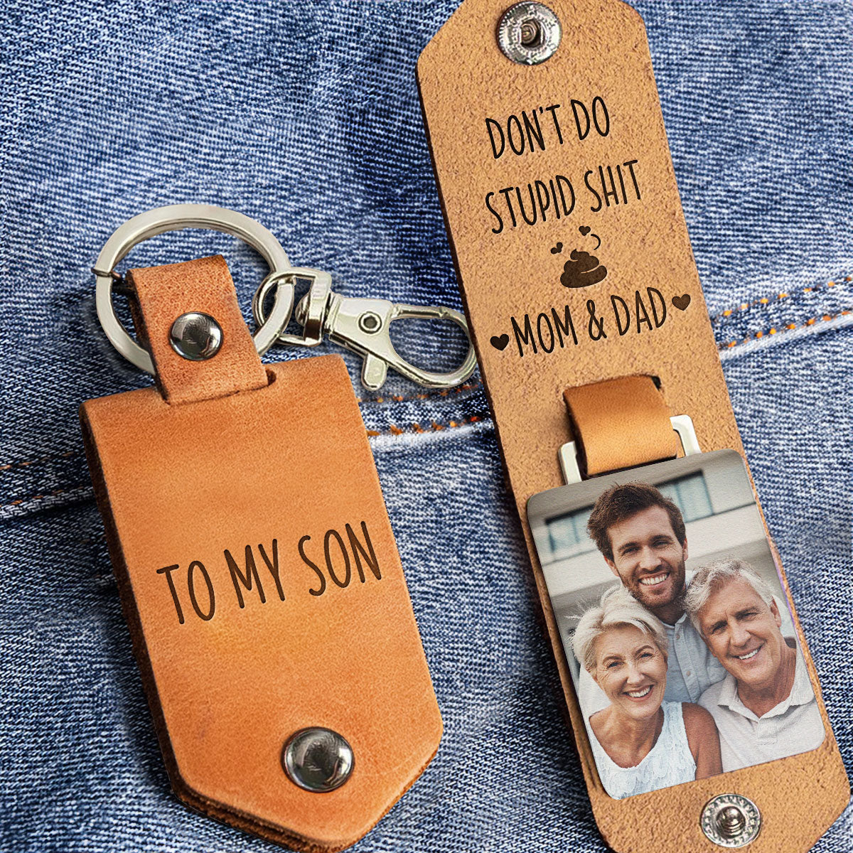 Don't Do Stupid Shit For Kids, Son, Daughter - Personalized Leather Photo Keychain - Image 5
