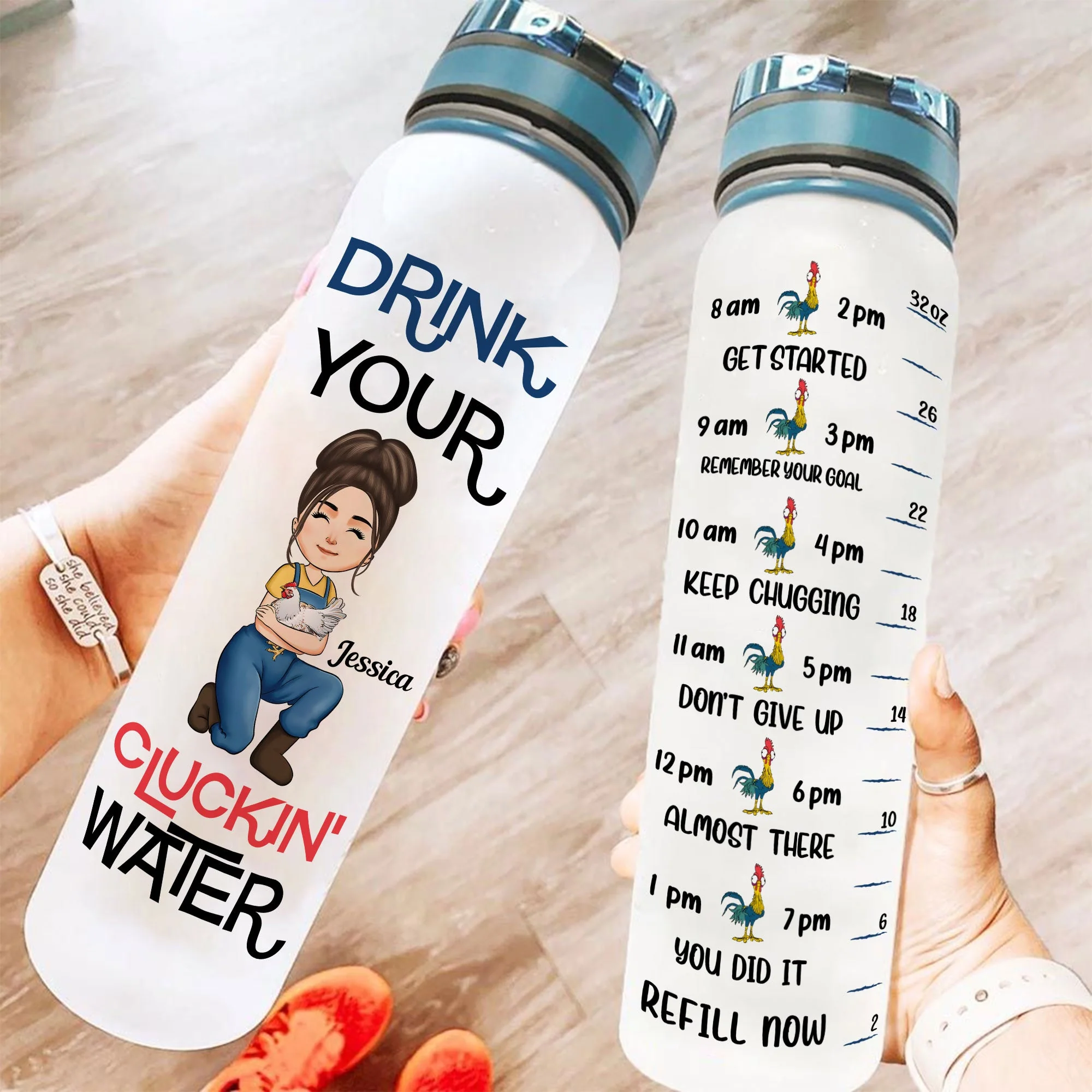 Drink Your Cluckin' Water - Personalized Water Bottle With Time Marker - Birthday, Motivation Gift For Her, Girl, Woman, Farmer - Image 2