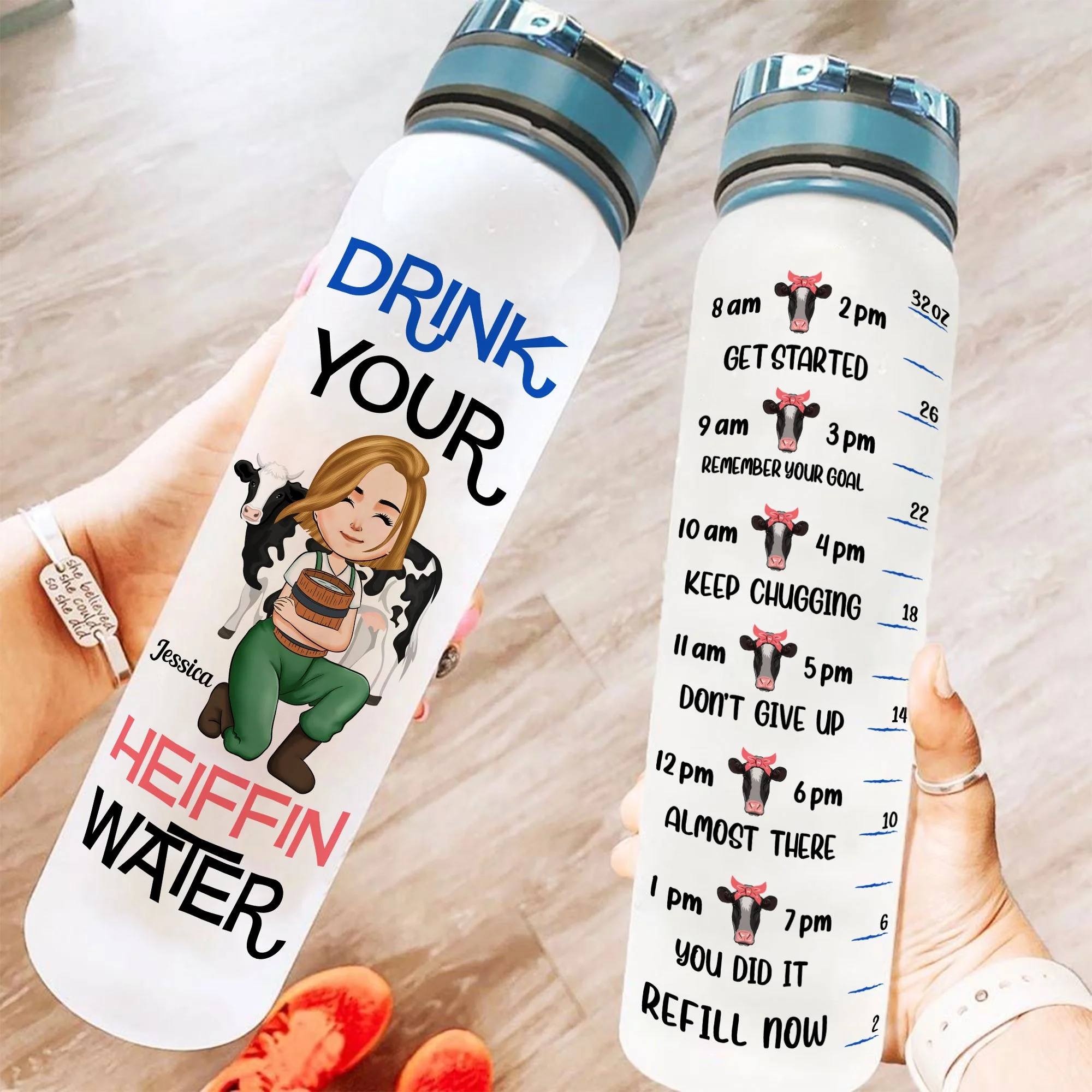 Drink Your Heiffin Water - Personalized Water Bottle With Time Marker - Birthday, Motivation Gift For Her, Girl, Woman, Farmer - Image 2
