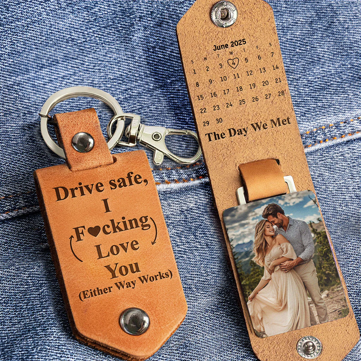 Drive Safe Custom Calendar Special Date & Photo - Personalized Leather Photo Keychain - Image 2