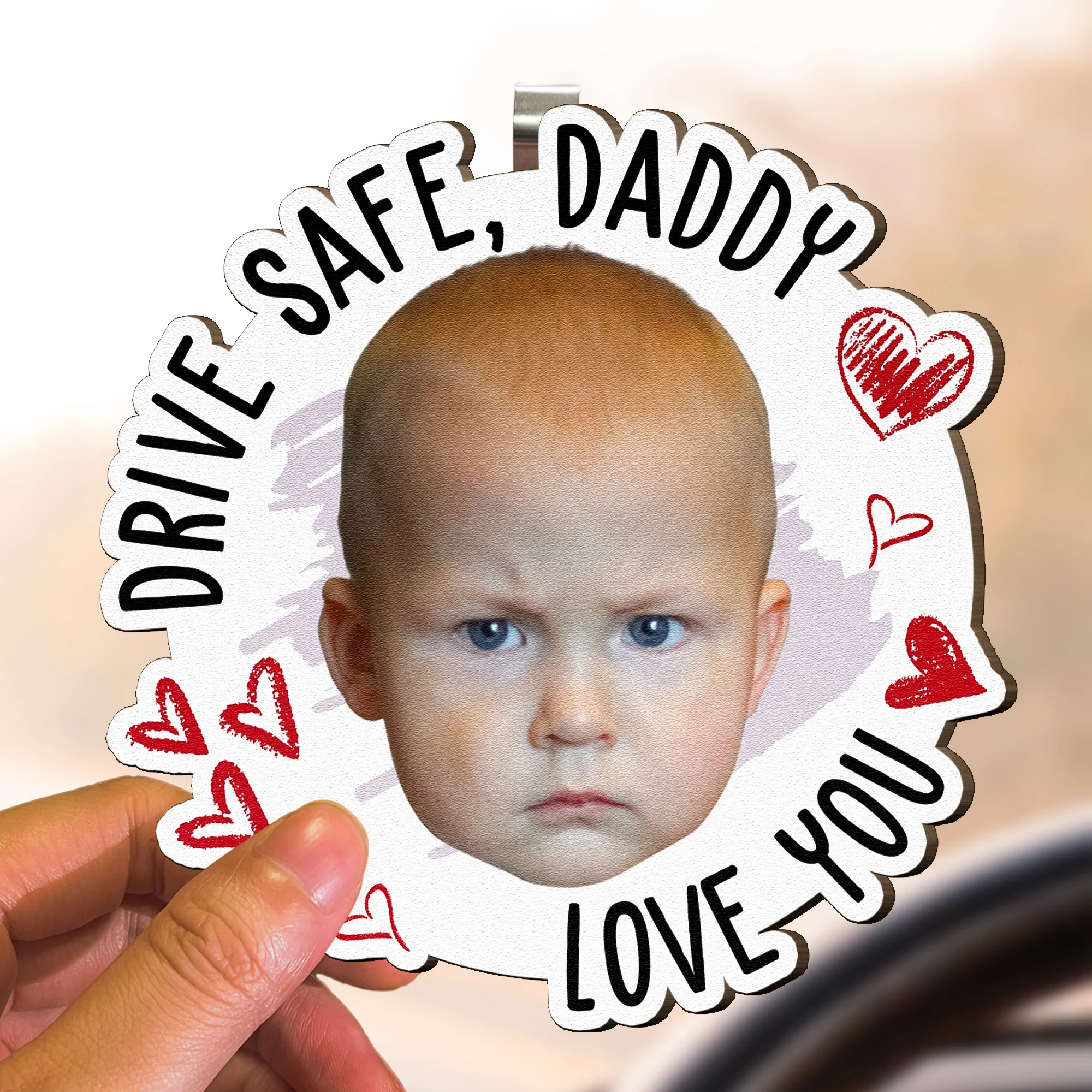 Drive Safe, Daddy Fun Kid Faces - Personalized Wooden Photo Car Visor Clip - Image 4
