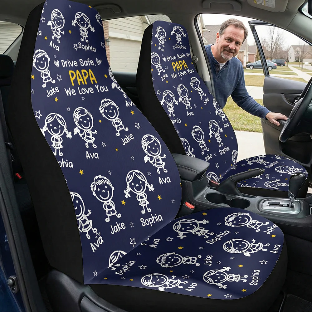 Drive Safe, Daddy, Grandpa, Mommy, Grandma With Cute Kids - Personalized Car Seat Cover - Image 5