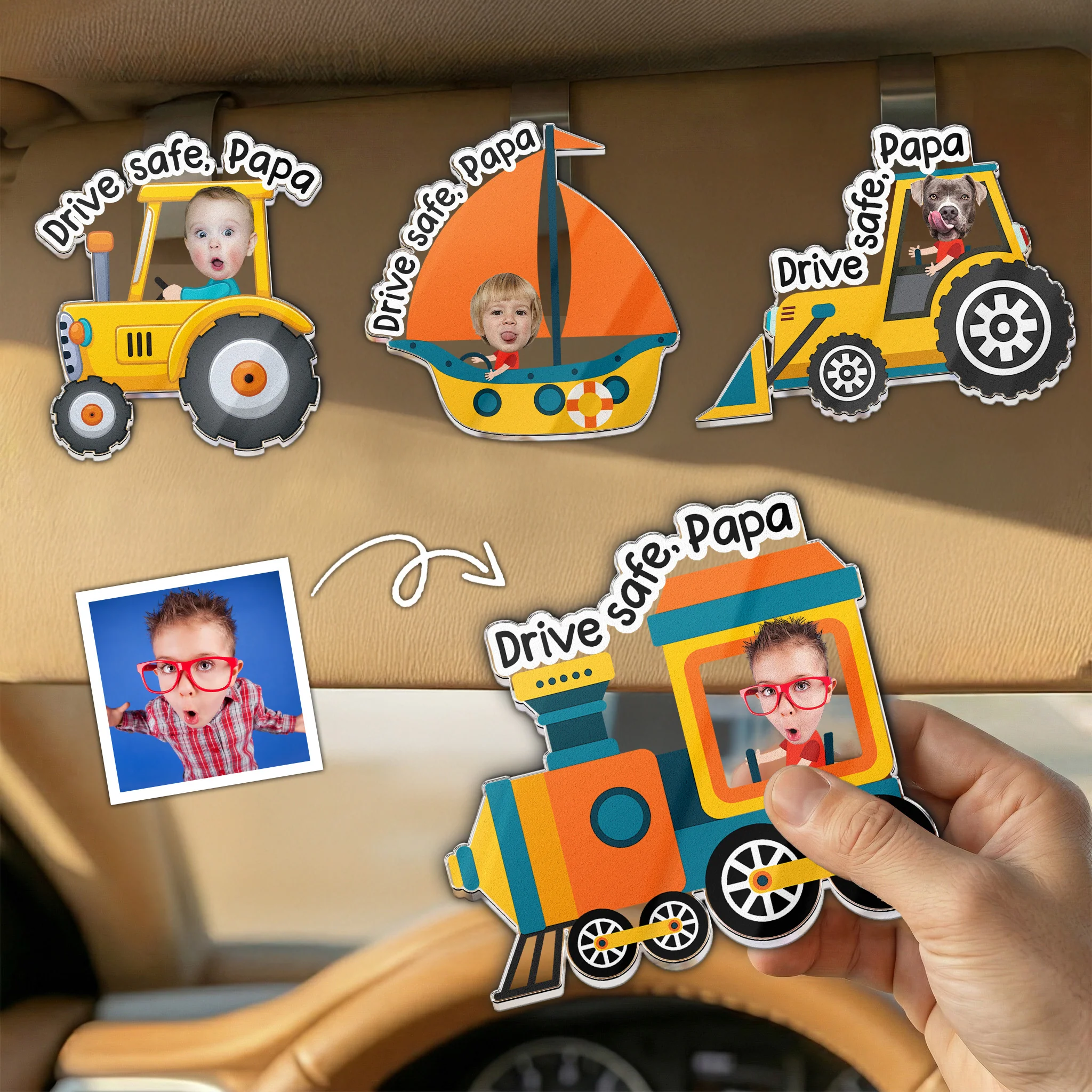 Drive Safe, Daddy, Papa, Mommy, Grandma - Custom Kids' Face - Personalized Car Visor Clip - Image 2