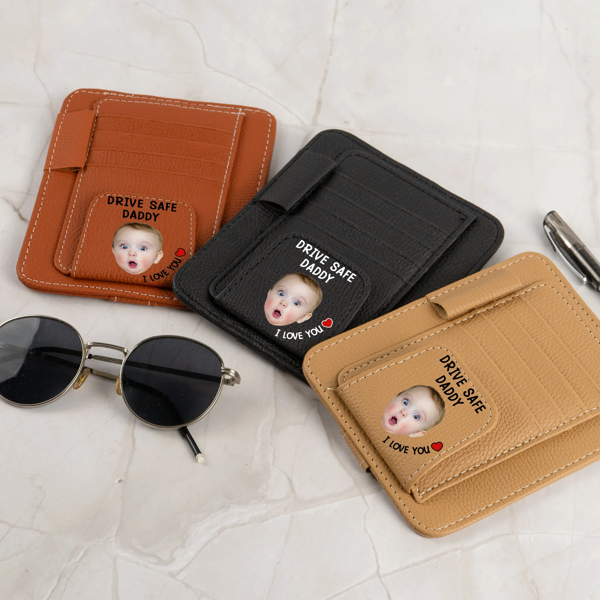 Drive Safe, Daddy - Personalized Photo Leather Car Visor Organizer - Image 2