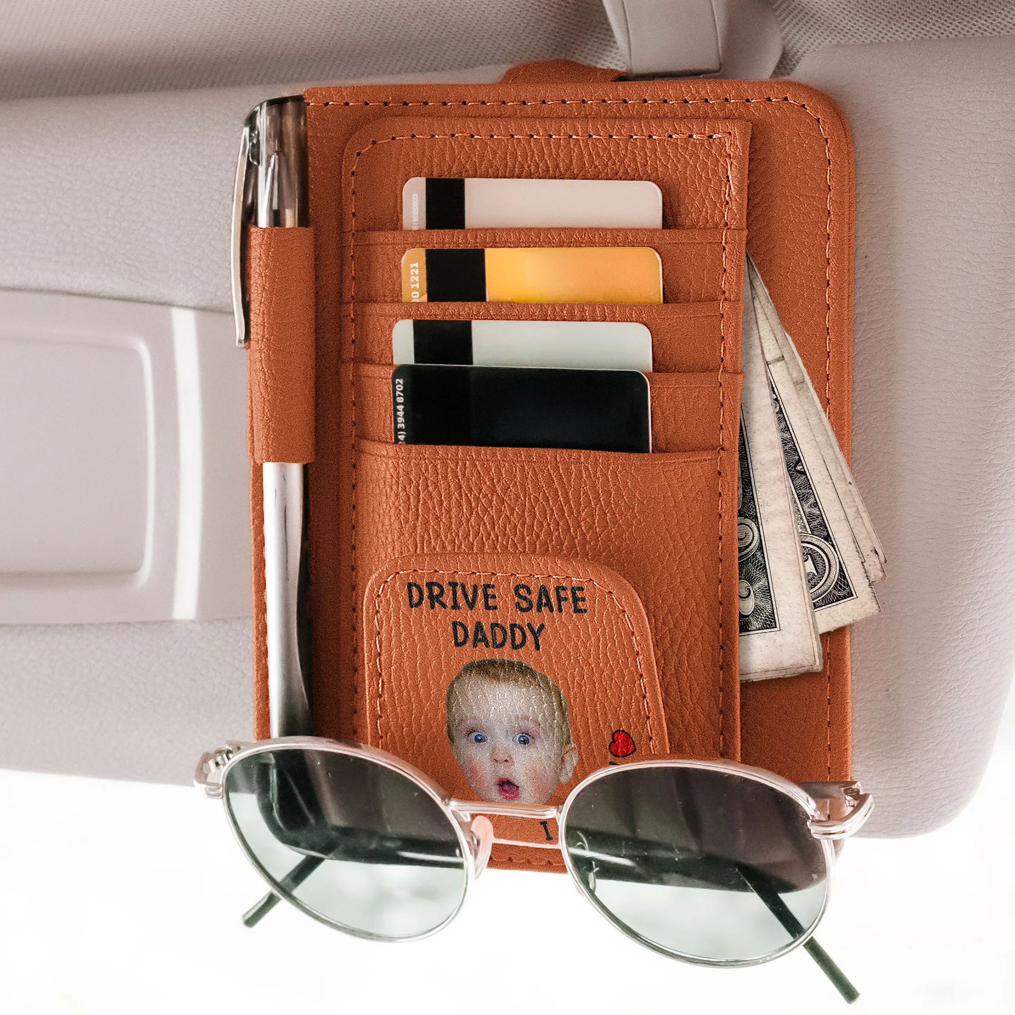 Drive Safe, Daddy - Personalized Photo Leather Car Visor Organizer - Image 6