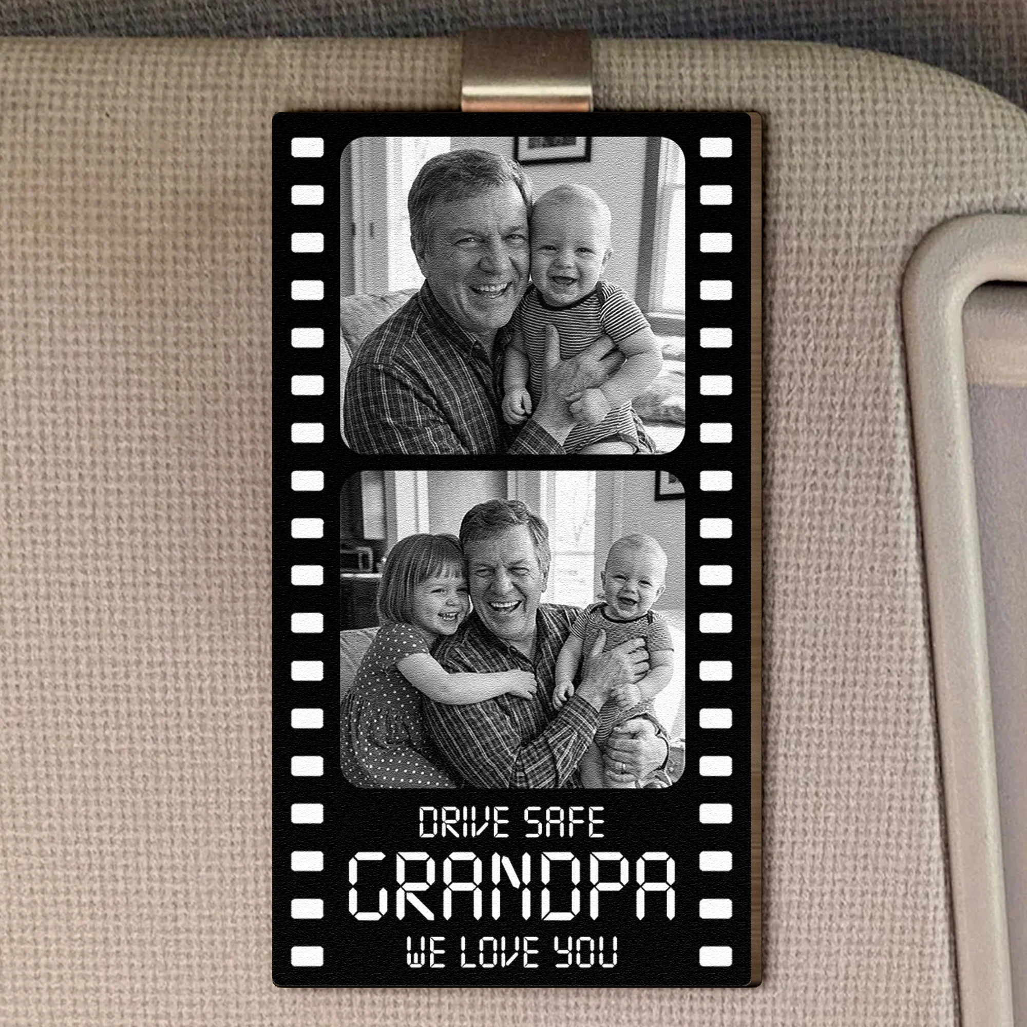Drive Safe Grandpa We Love You Film Strip - Personalized Wooden Photo Car Visor Clip