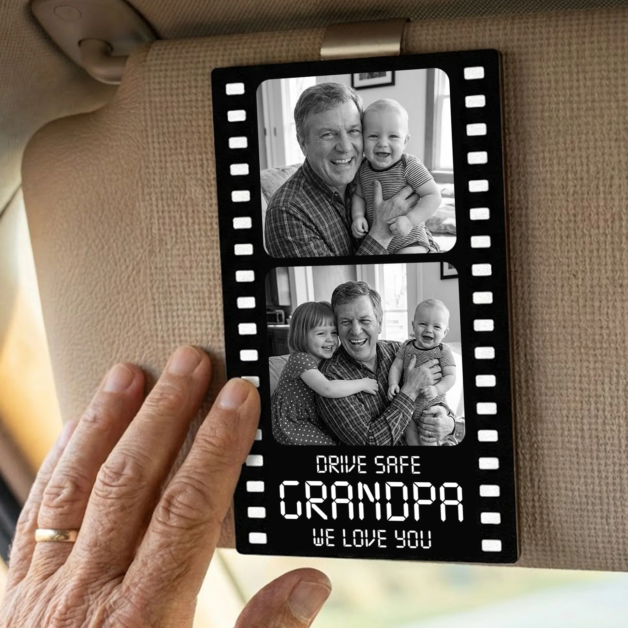 Drive Safe Grandpa We Love You Film Strip - Personalized Wooden Photo Car Visor Clip - Image 2