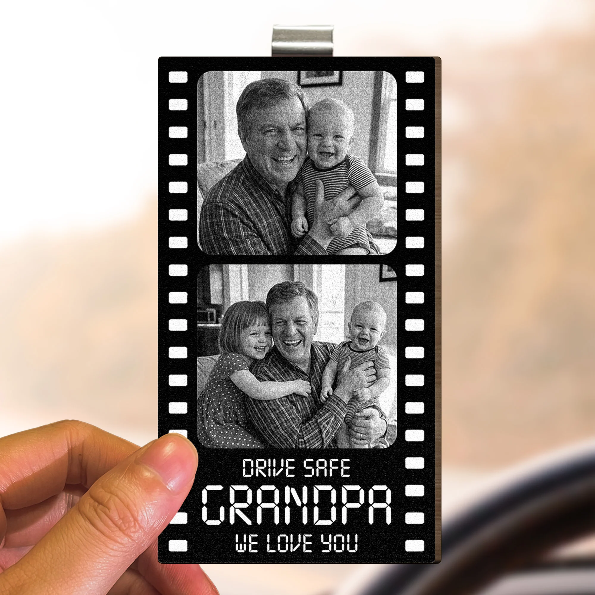 Drive Safe Grandpa We Love You Film Strip - Personalized Wooden Photo Car Visor Clip - Image 4