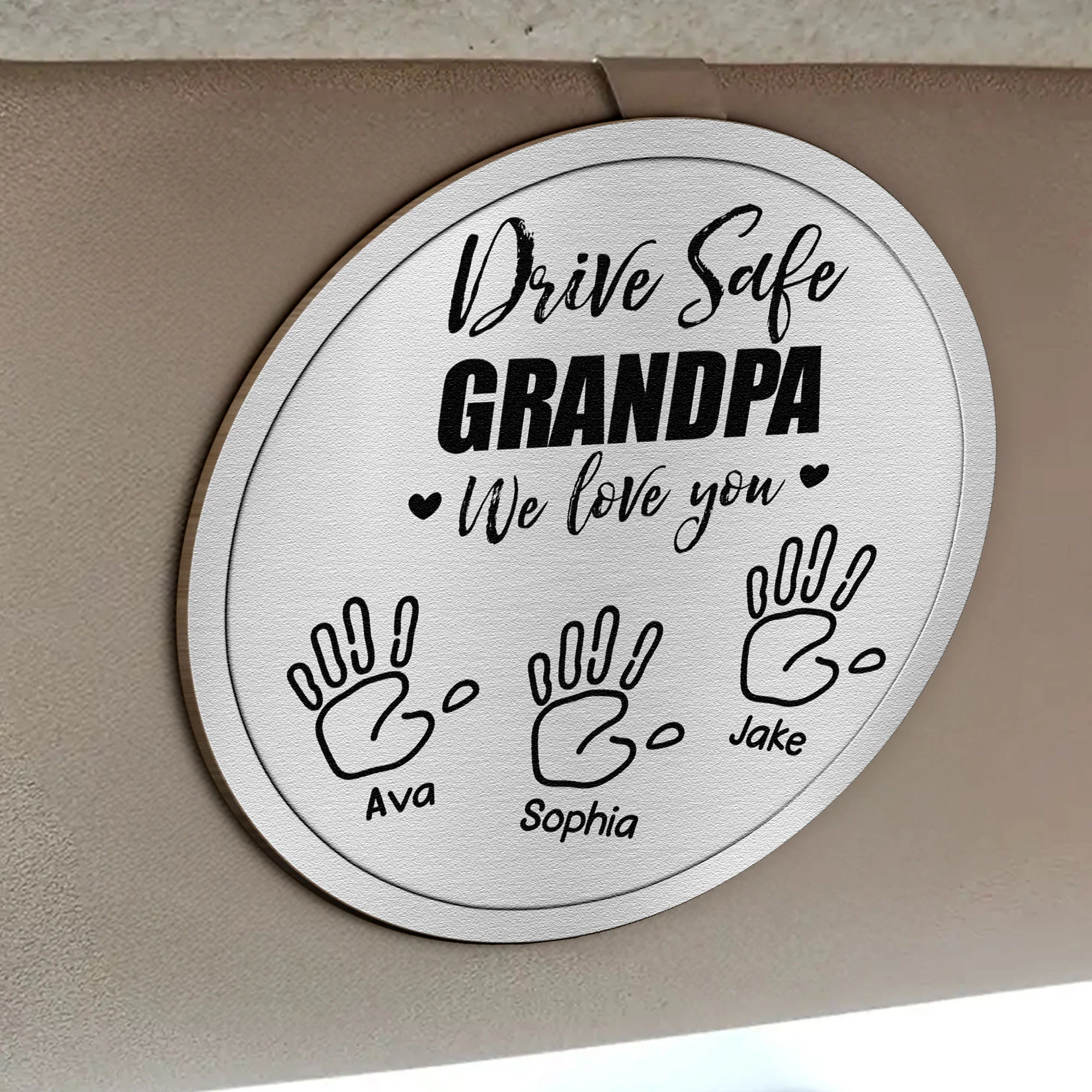 Drive Safe Grandpa We Love You Hand Prints - Personalized Wooden Car Visor Clip - Image 2